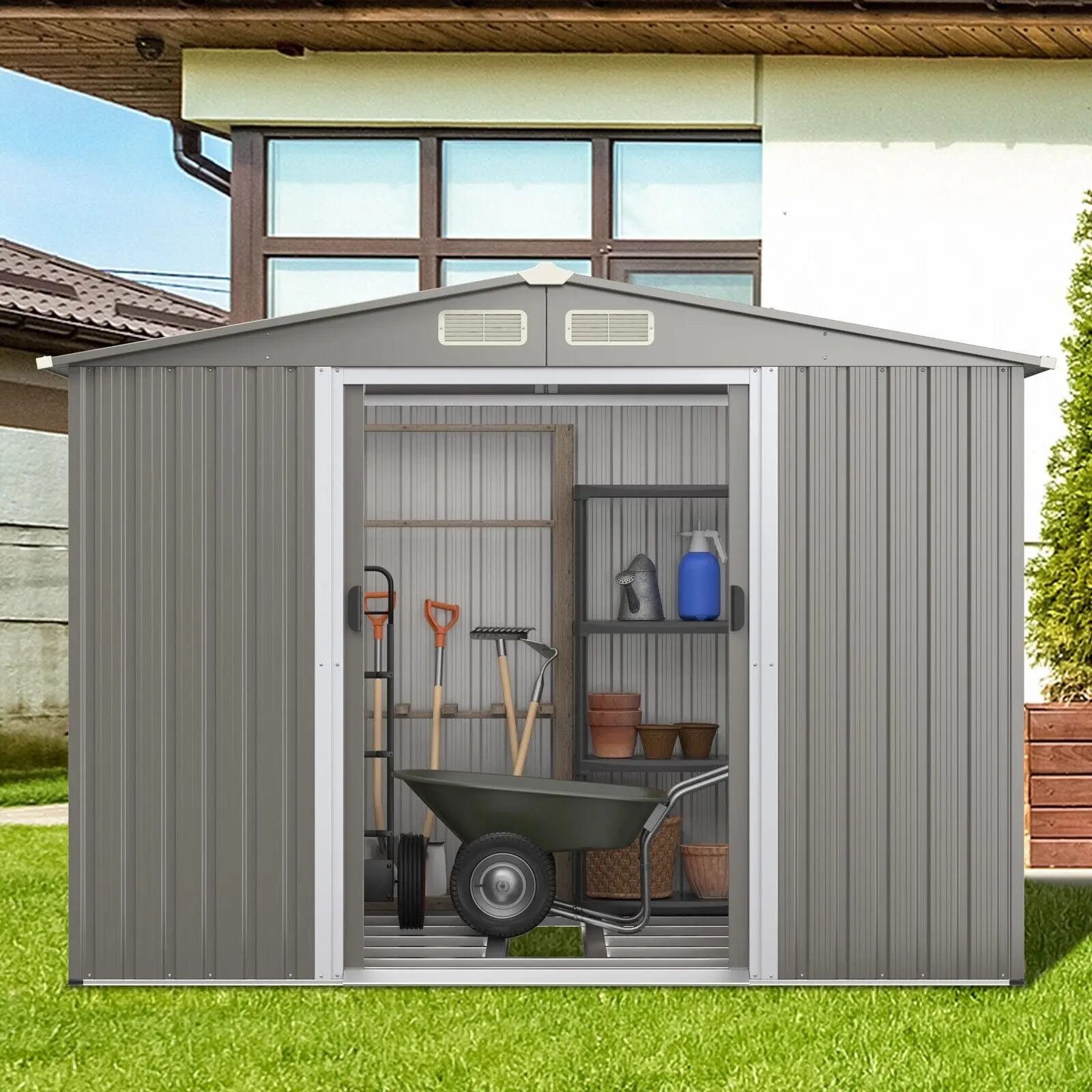 GOFLAME 8x6FT Outdoor Storage Shed Galvanized Steel Shed w/Lockable Sliding Door