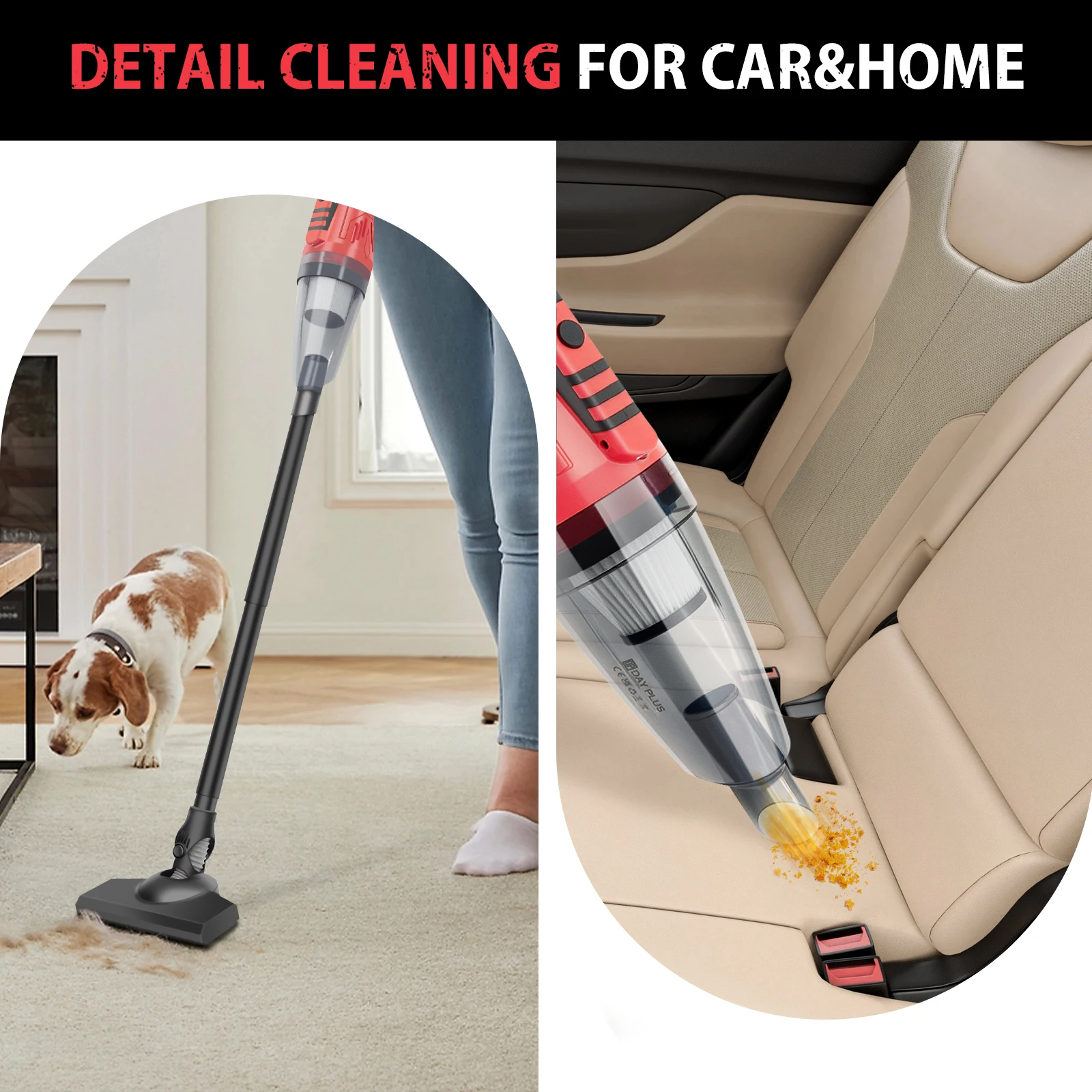 DayPlus Portable Car Cordless Vacuum Cleaner Powerful Suction Rechargeable Handheld Cleaner Quick Charge for Car Home Pet Hair