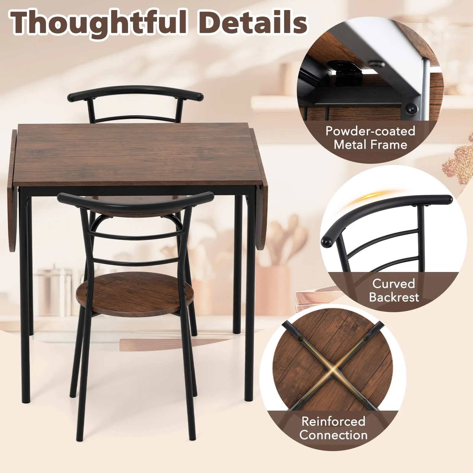 GOFLAME 3 Pcs Foldable Dining Table Set Expandable Kitchen Breakfast Table-Brown