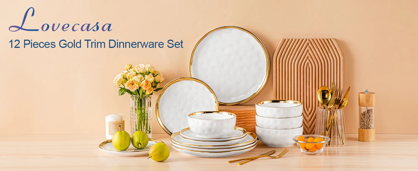 LOVECASA 12/24 Piece Ceramic Porcelain White and Golden Rim Dinnerware Sets With 4/8 PCS Dinner Plate/Dessert/Cereal Bowl for 4