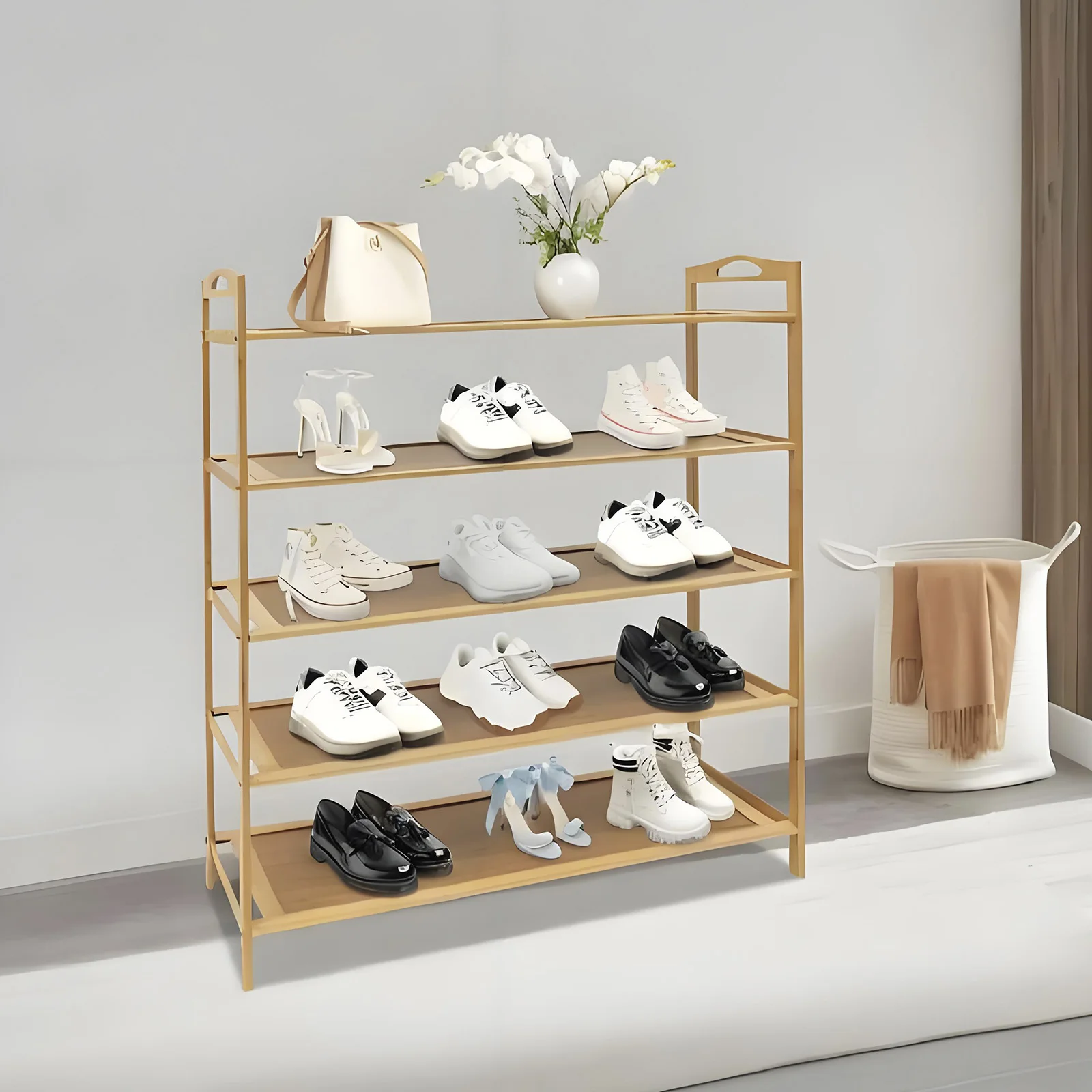 5 Tier Bamboo Shoe Rack Storage Storage Bamboo Shelving Unit Stand Organiser UK