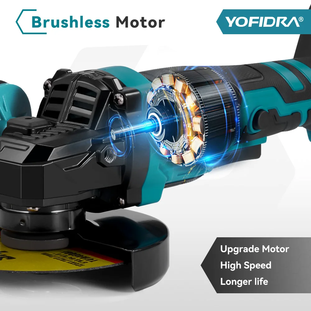 Yofidra 125mm M14 Brushless Angle Grinder 3 Gears Cordless Grinding Machine Cutting Woodworking Tool For Makita Battery Pin