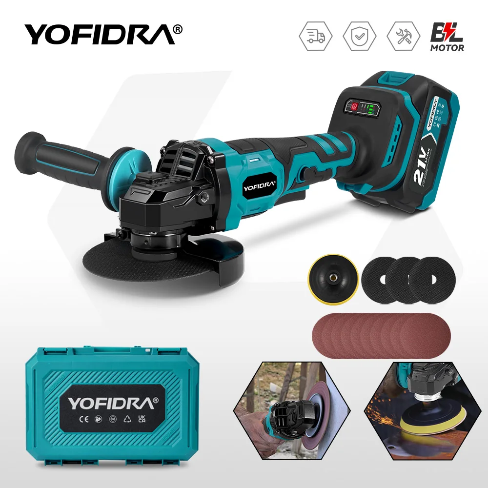 Yofidra 125mm M14 Brushless Angle Grinder 3 Gears Cordless Grinding Machine Cutting Woodworking Tool For Makita Battery Pin