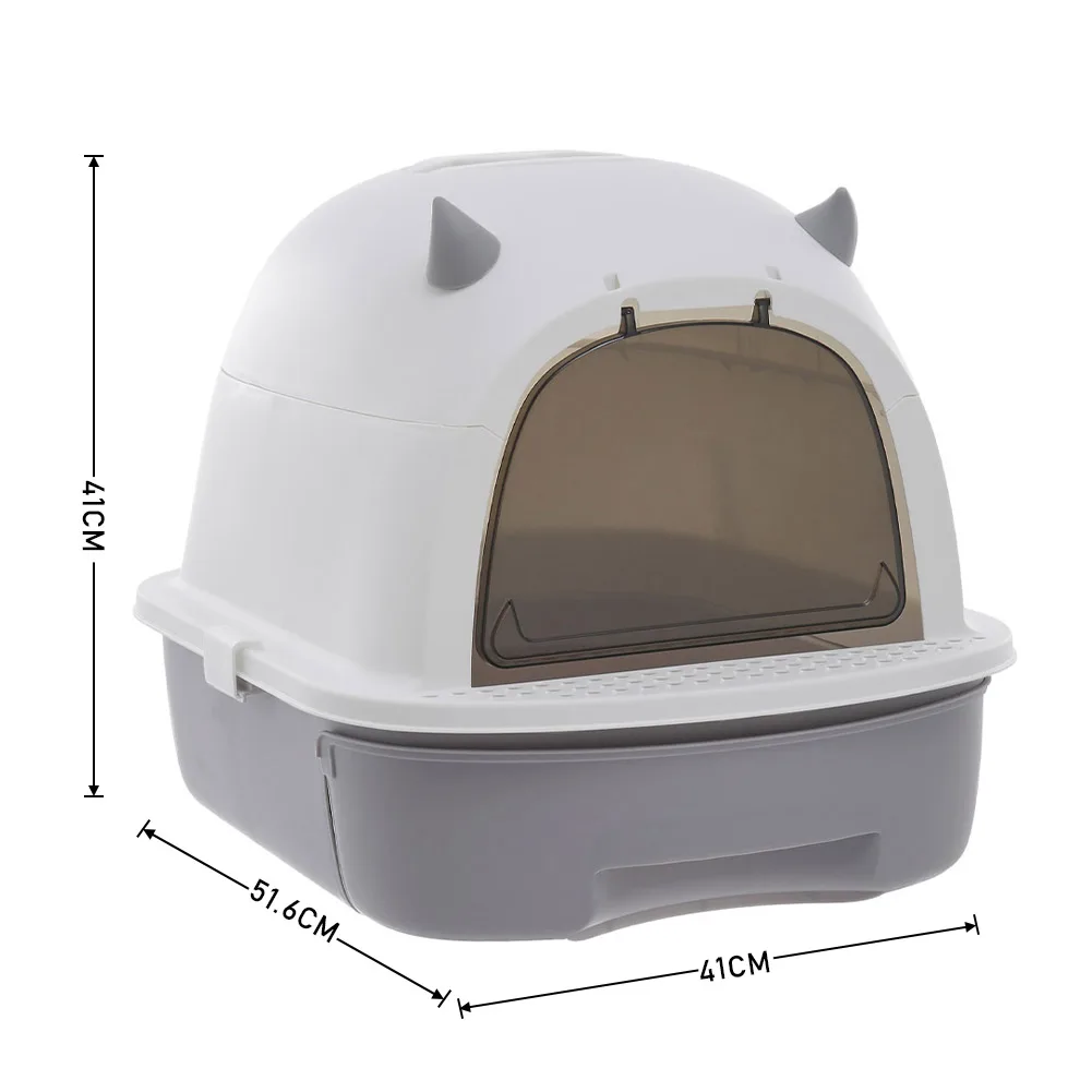 Livingandhome Grey Little Devil Design Enclosed Cat Litter Box with Cat Litter Scoop