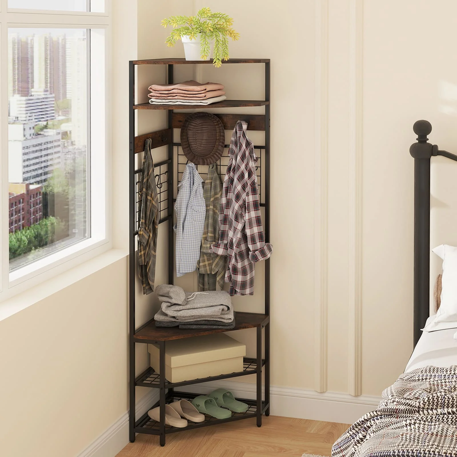 GOFLAME Corner Hall Tree Hallway 5-Tier Coat Rack w/Shoe Storage Bench-Coffee