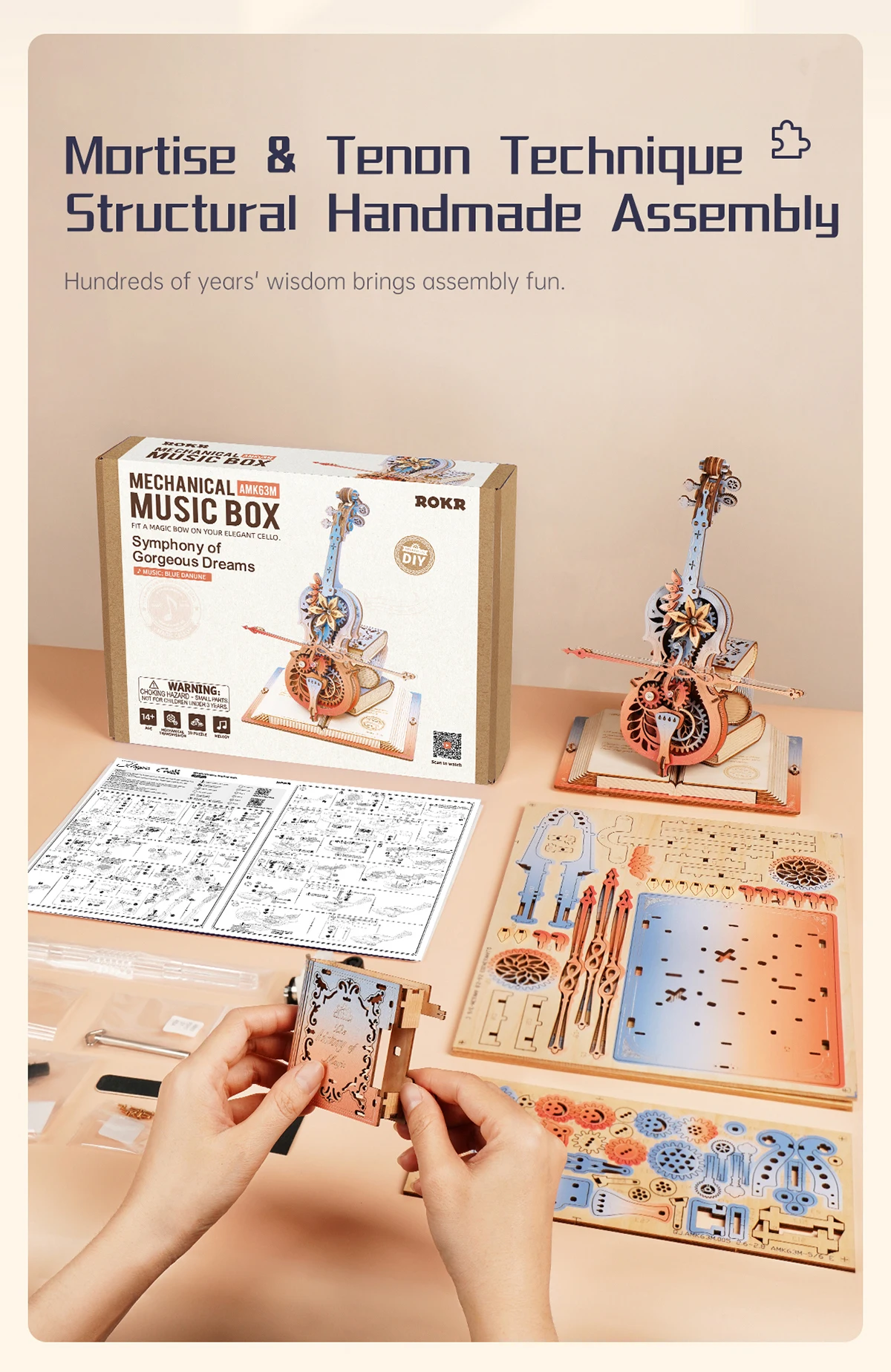 Robotime Rokr 3D Wooden Puzzle Symphony of Gorgeous Dreams Mechanical Music Box Pre-colored Design Gift for Family Kids BuildToy