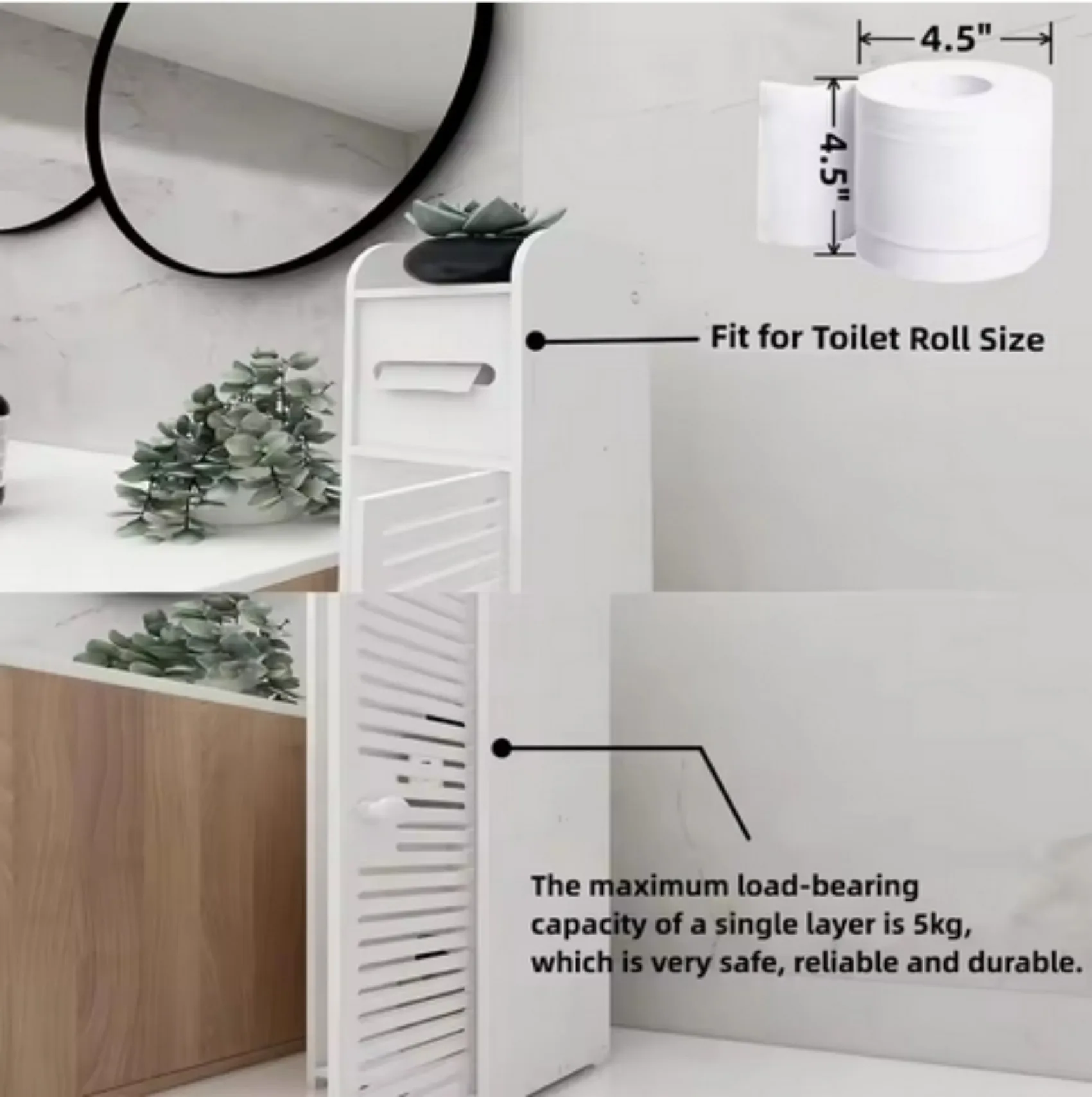 Waterproof Bathroom Cabinet, 81cm Tall Free-Standing Slim Storage Unit with Toilet Roll Shelf – White Cupboard for Bathroom/Toilet