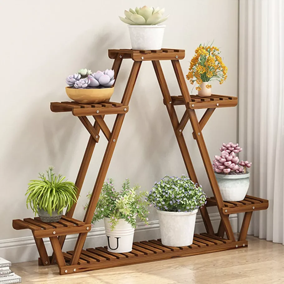 6 Tier Pine Wood Plant Stand Triangle Outdoor Indoor Flower Pots Holder Shelf