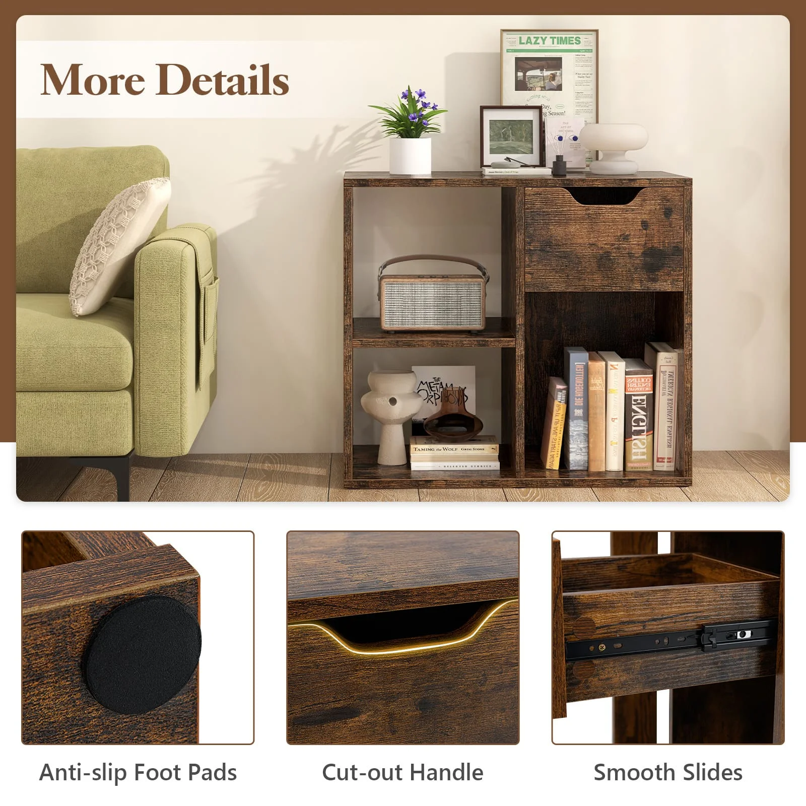 GOFLAME 3-Cube Bookcase 2-tier Wooden Storage Shelf w/ Drawer-Coffee