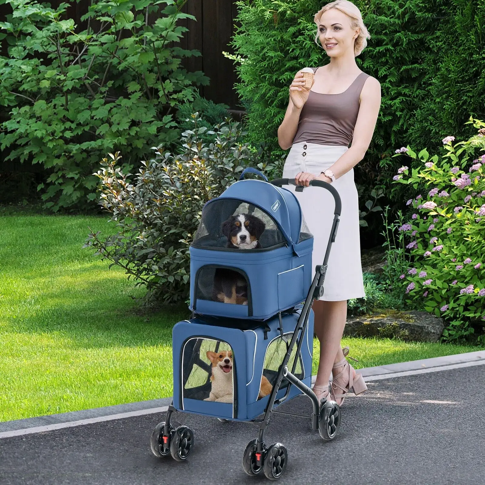 GOFLAME Double-Layer Pet Stroller Pushchair 3-in-1 Folding Dog Cat Walk Travel Carrier