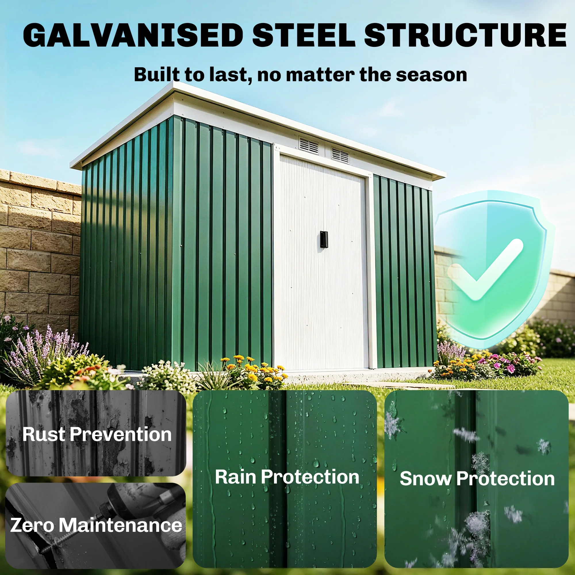 Garden Storage Shed Store Metal Roof Building, Dark Green
