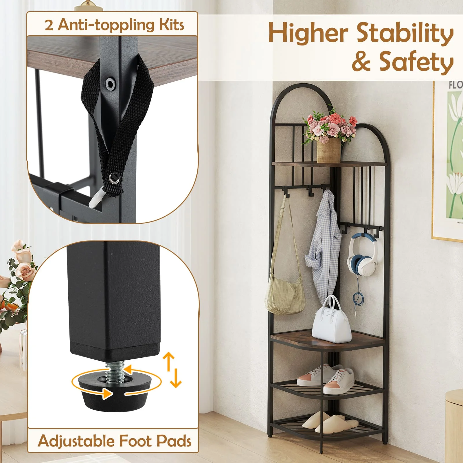 GOFLAME 4-Tier Coat Rack 180cm Tall Entryway Shoes Shelf Organizer-Brown