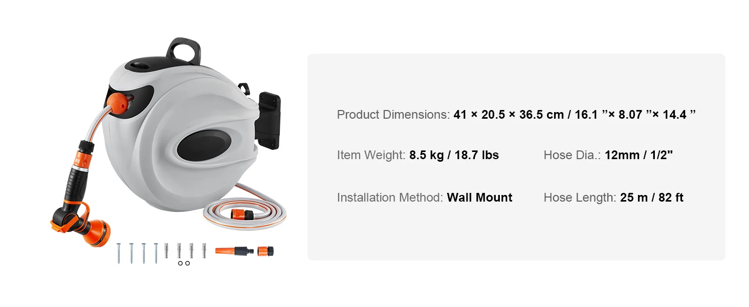 SucceBuy Retractable Hose Reel 82 feet x 1/2 inch 180° Swivel Bracket Wall-Mounted Garden Water Hose Reel with 9-Pattern Nozzle