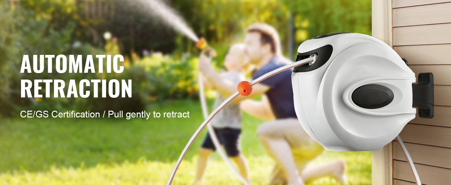 SucceBuy Retractable Hose Reel 82 feet x 1/2 inch 180° Swivel Bracket Wall-Mounted Garden Water Hose Reel with 9-Pattern Nozzle