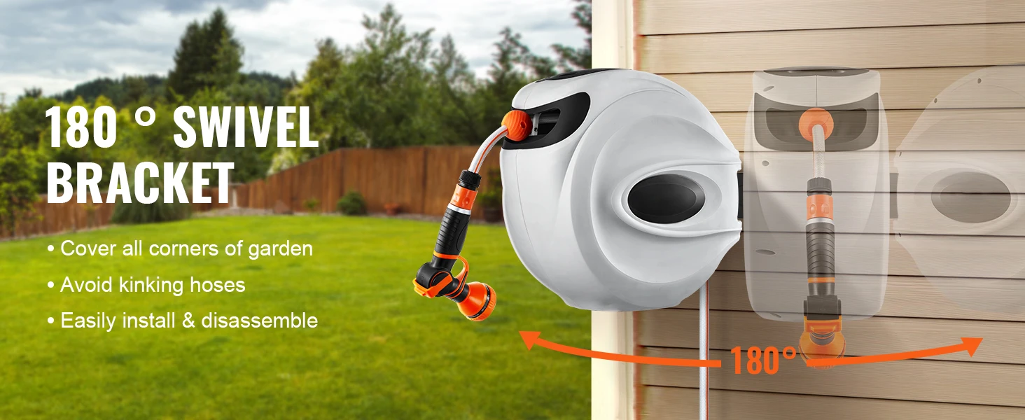 SucceBuy Retractable Hose Reel 82 feet x 1/2 inch 180° Swivel Bracket Wall-Mounted Garden Water Hose Reel with 9-Pattern Nozzle