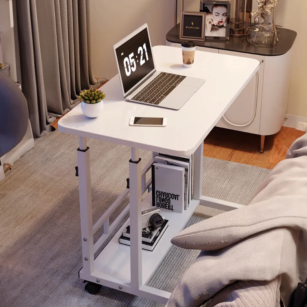 Voltsify Mobile Over Height Adjustable Mobile Table Overbed Desk with Shelves Wheels Laptop Tray Stand