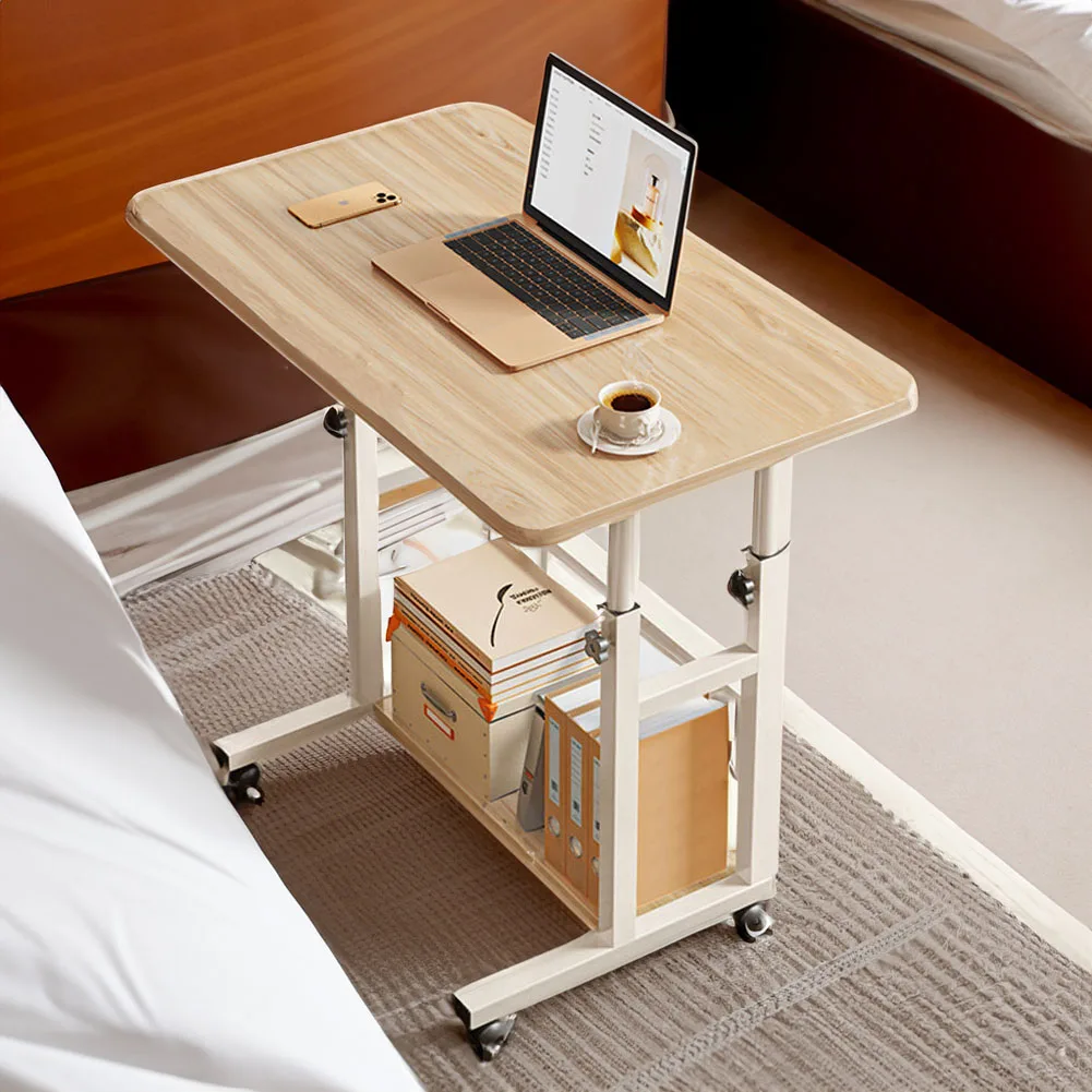 Voltsify Mobile Over Height Adjustable Mobile Table Overbed Desk with Shelves Wheels Laptop Tray Stand
