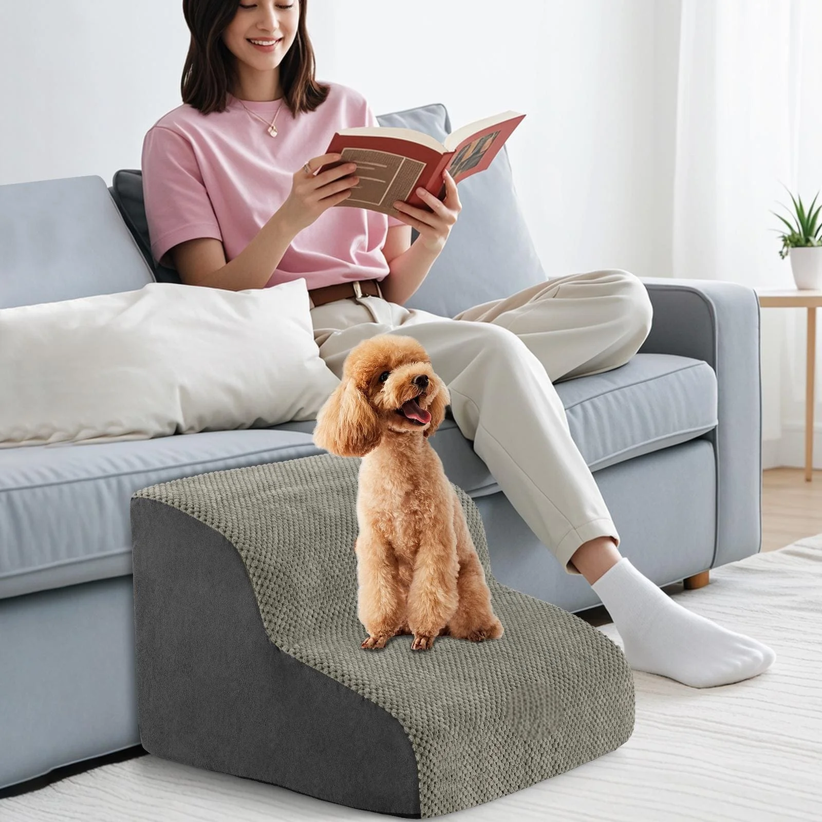 GOFLAME High-Density Foam Dog Ramp 2-Tier Pet Stairs w/Washable Cover-Grey