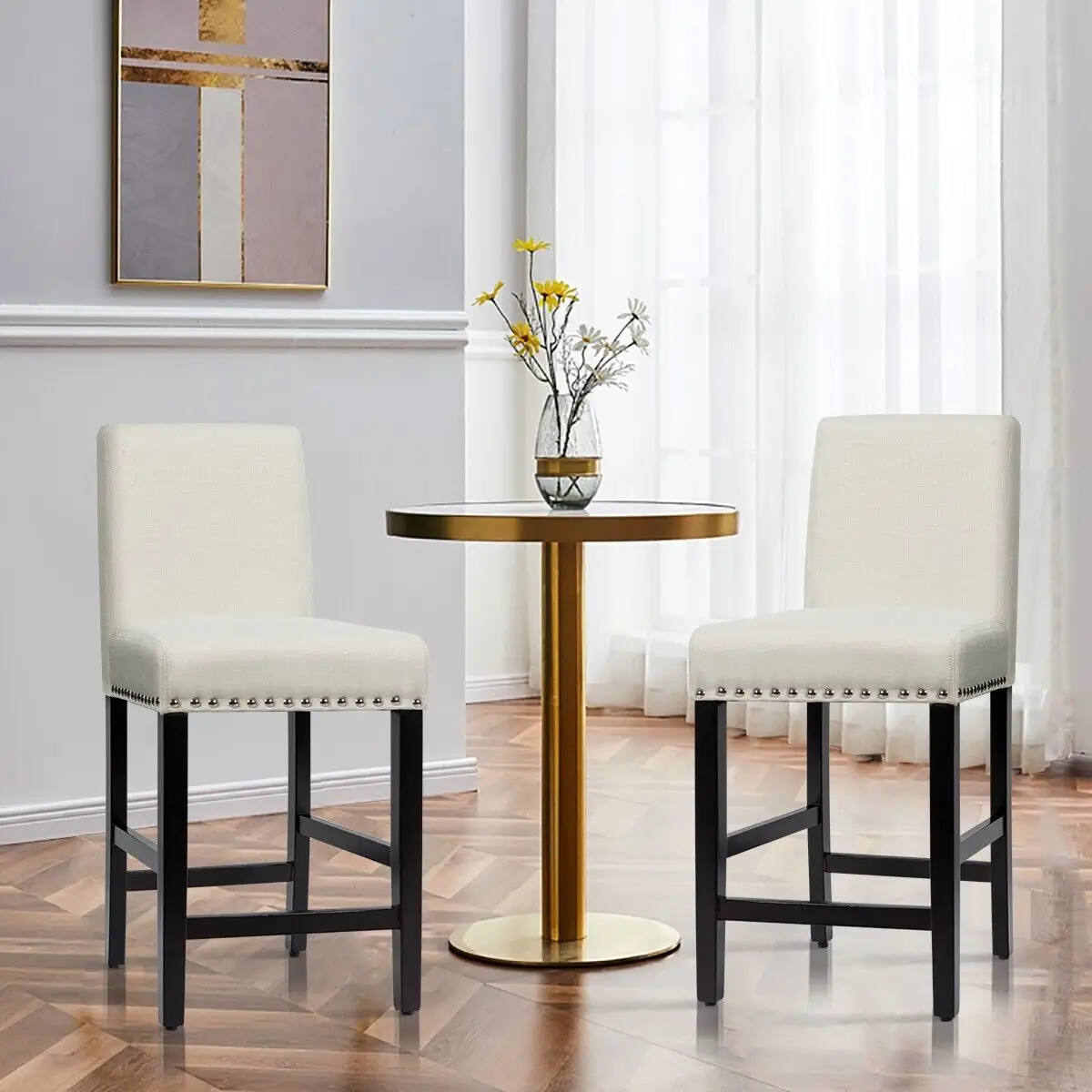 GOFLAME Set of 2 Bar Stools Counter Height Chair Upholstered W/ Low Backrest Wide Seat