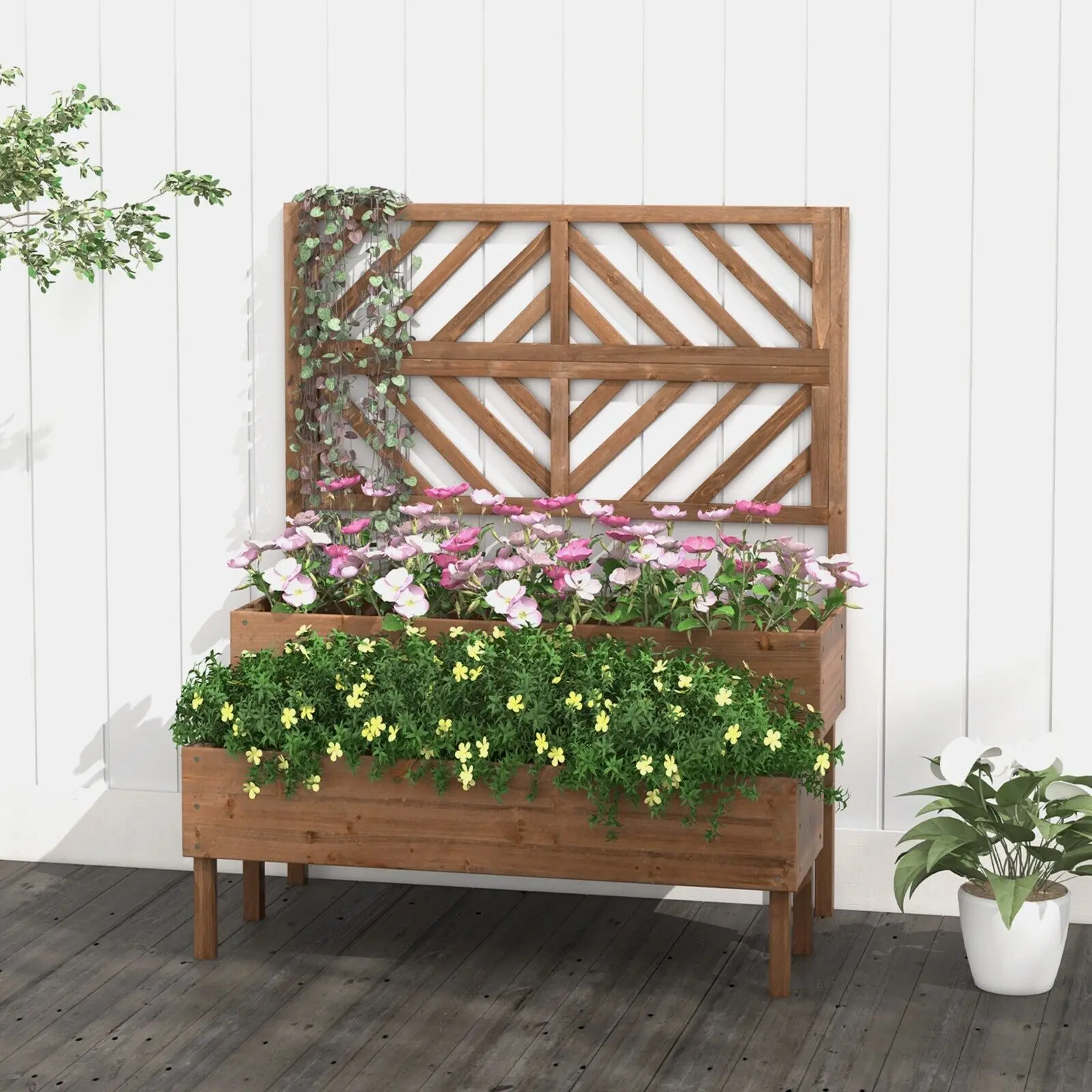 GOFLAME Wood 2-Tier Raised Garden Bed with Trellis Elevated Planter Box Container w/ Leg