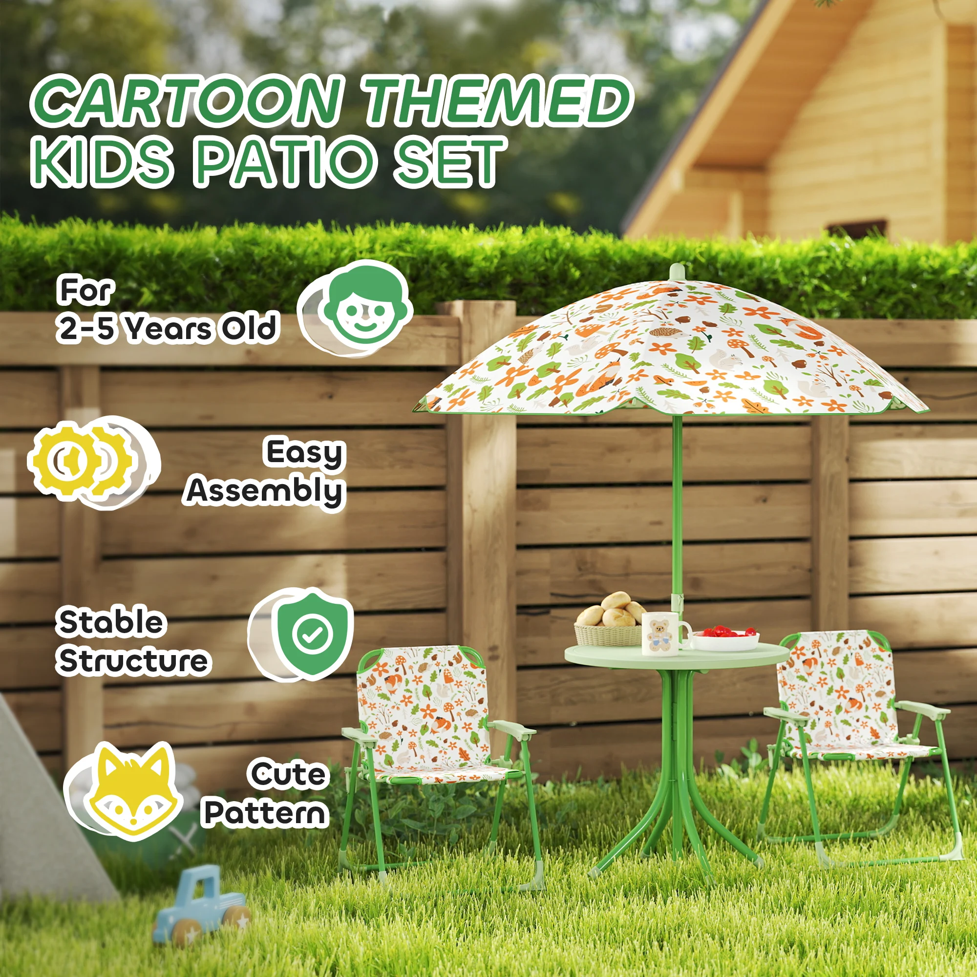 AIYAPLAY Kids Garden Table and Chair Set, Outdoor Patio Set w/ Parasol Green
