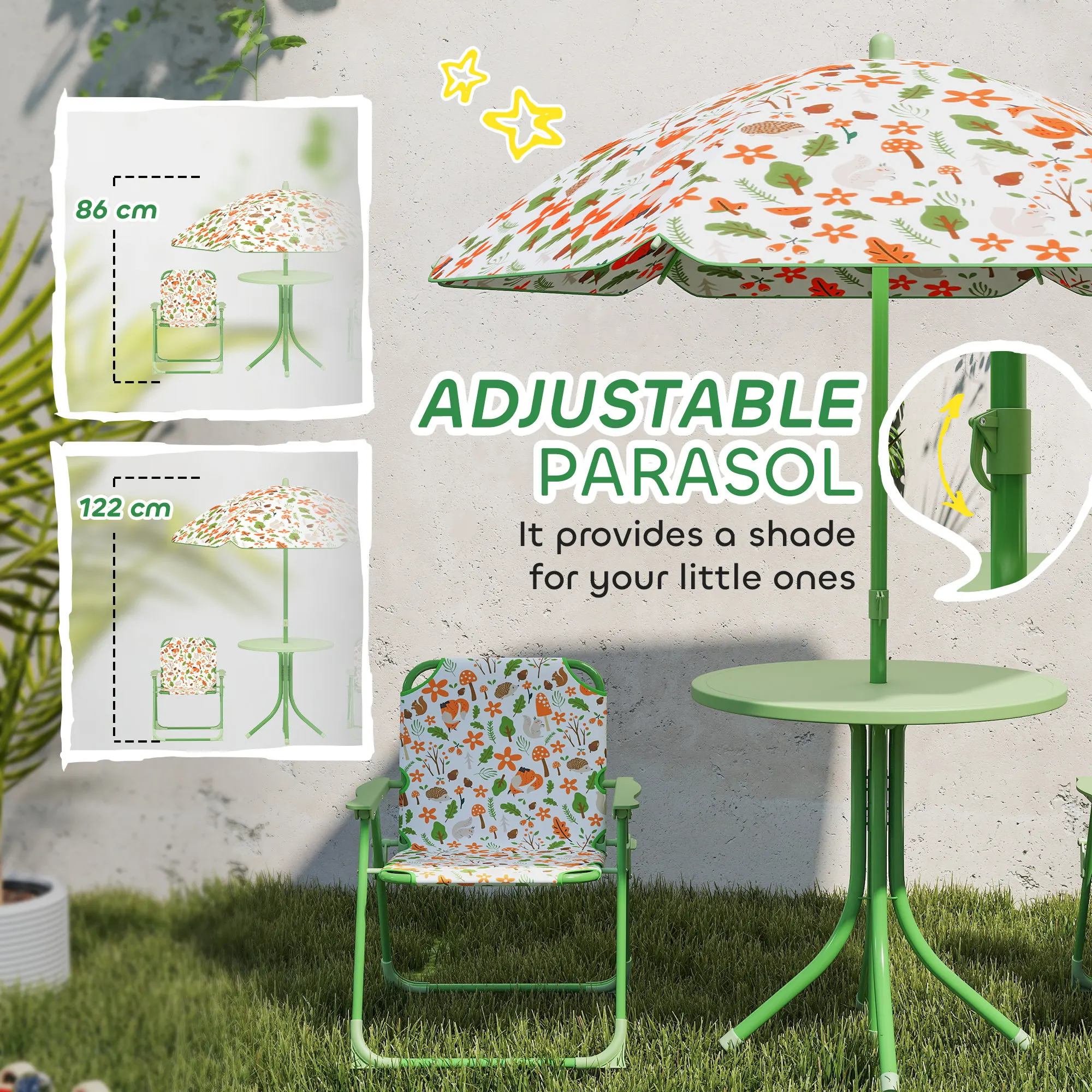 AIYAPLAY Kids Garden Table and Chair Set, Outdoor Patio Set w/ Parasol Green