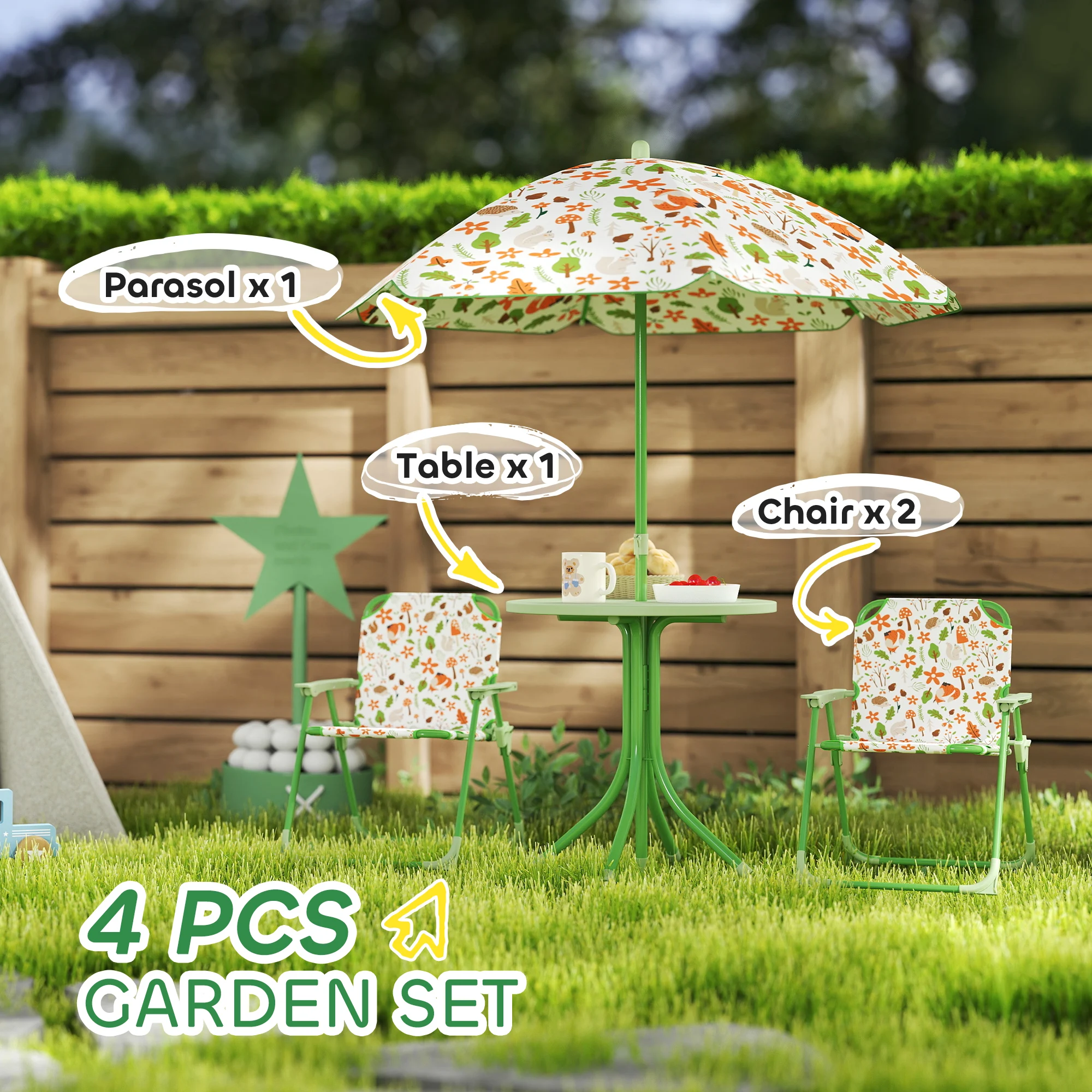 AIYAPLAY Kids Garden Table and Chair Set, Outdoor Patio Set w/ Parasol Green