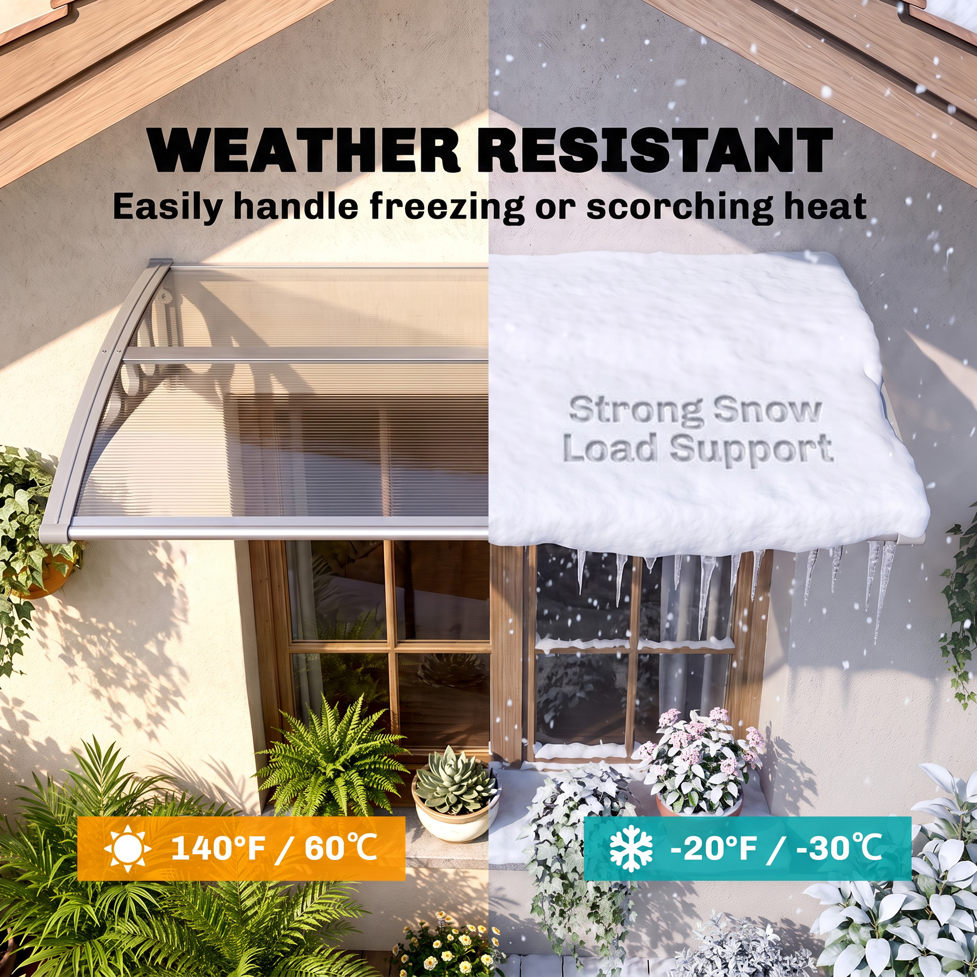 Door Canopy Awning Outdoor Window Rain Shelter Cover for Door Porch 100 x75cm