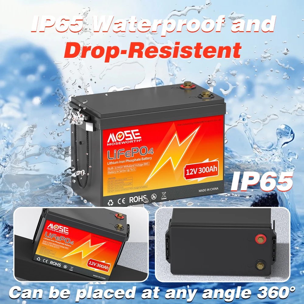 MOSEWORTH 12V 300Ah LiFePO4 Battery Pack with 200A BMS Lithium Iron Phosphate Batteries 8000+ Cycles For Solar RV Campers