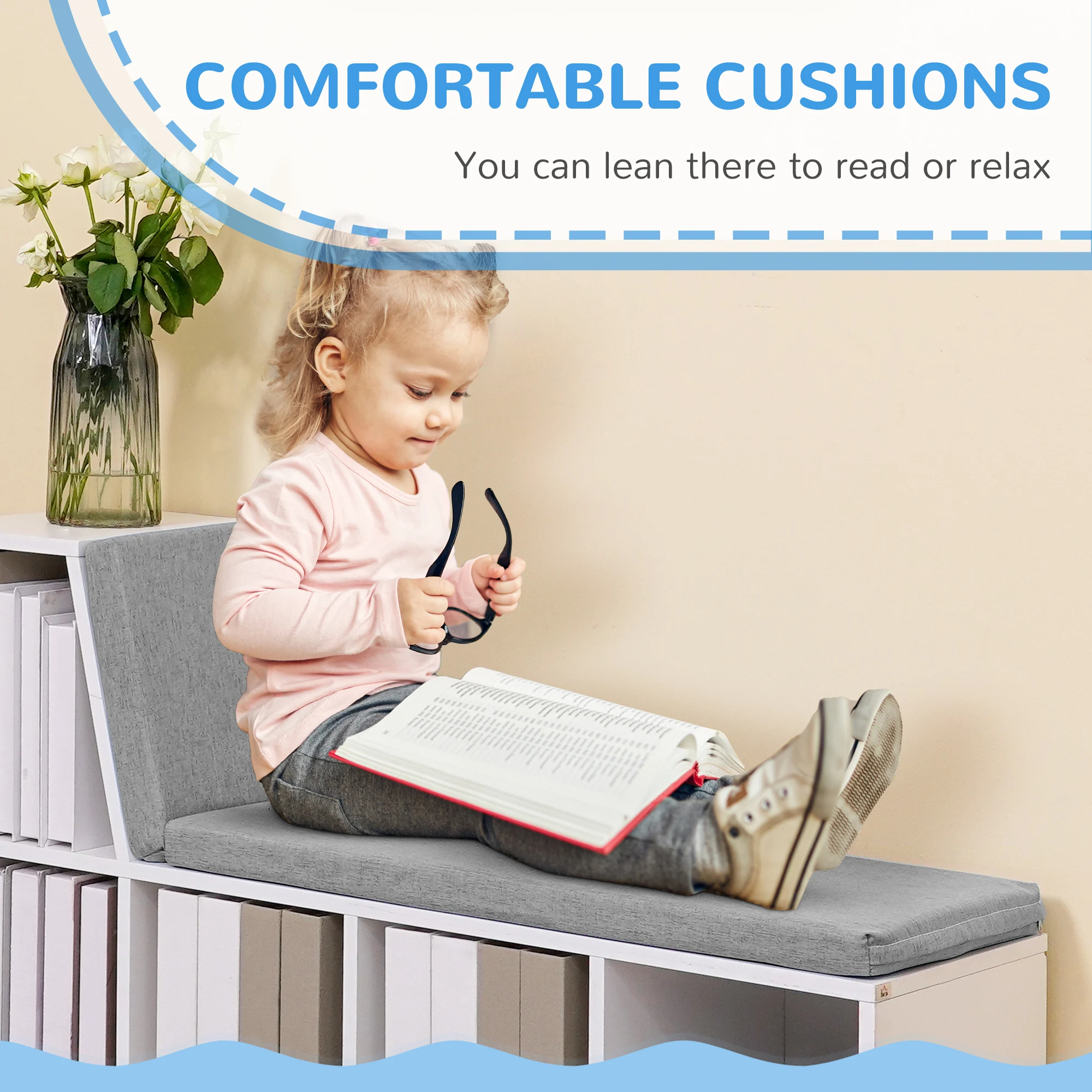 HOMCOM 2 Tier Bookcase w/ Removable Cushions Storage Cabinet for Living Room