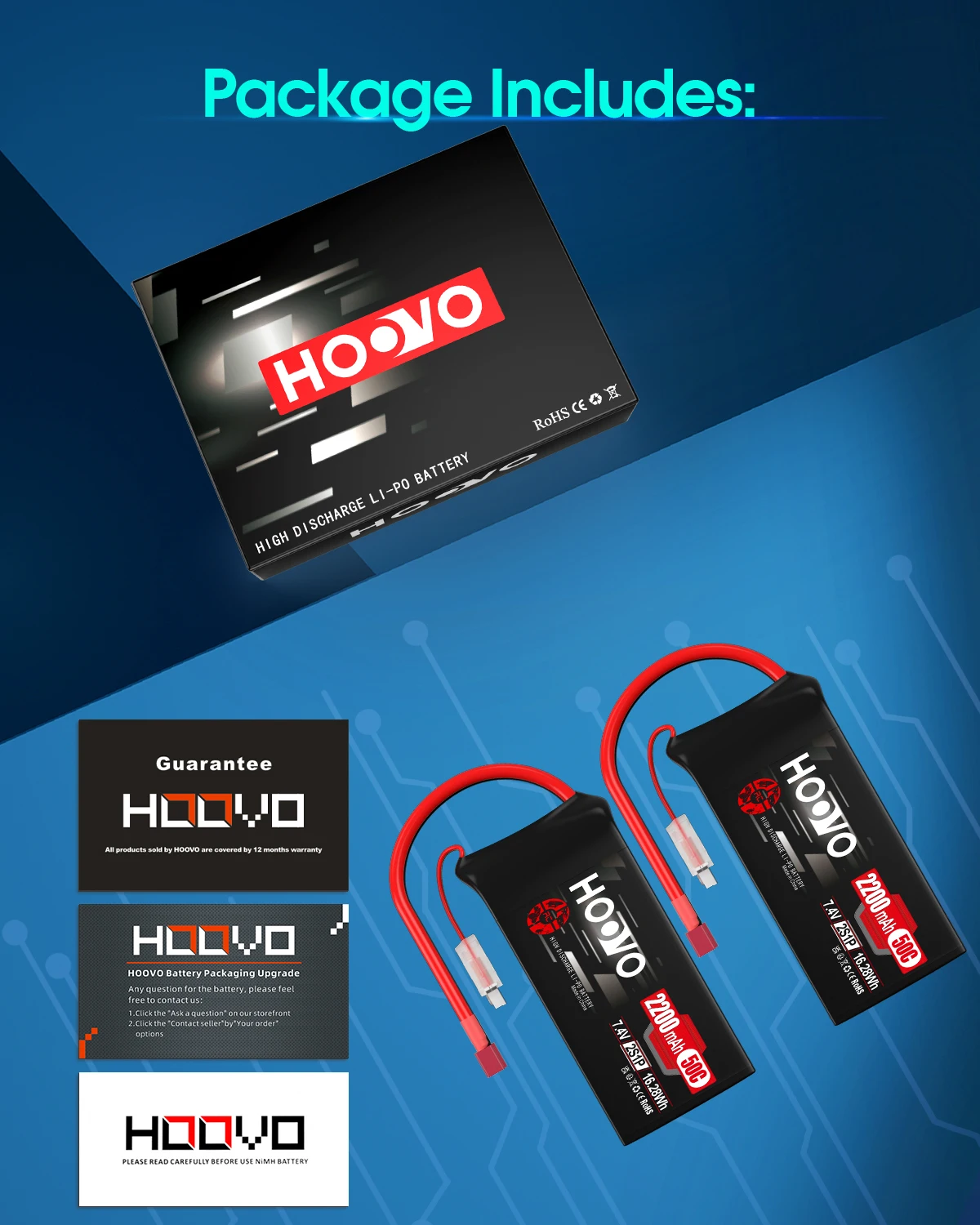 2Pcs HOOVO 2S 7.4 V 2200 mAh 50C RC Lipo Battery T Plug Soft Case Short Pack RC Battery for 1:16 RC Car RC Helicopter Airplane
