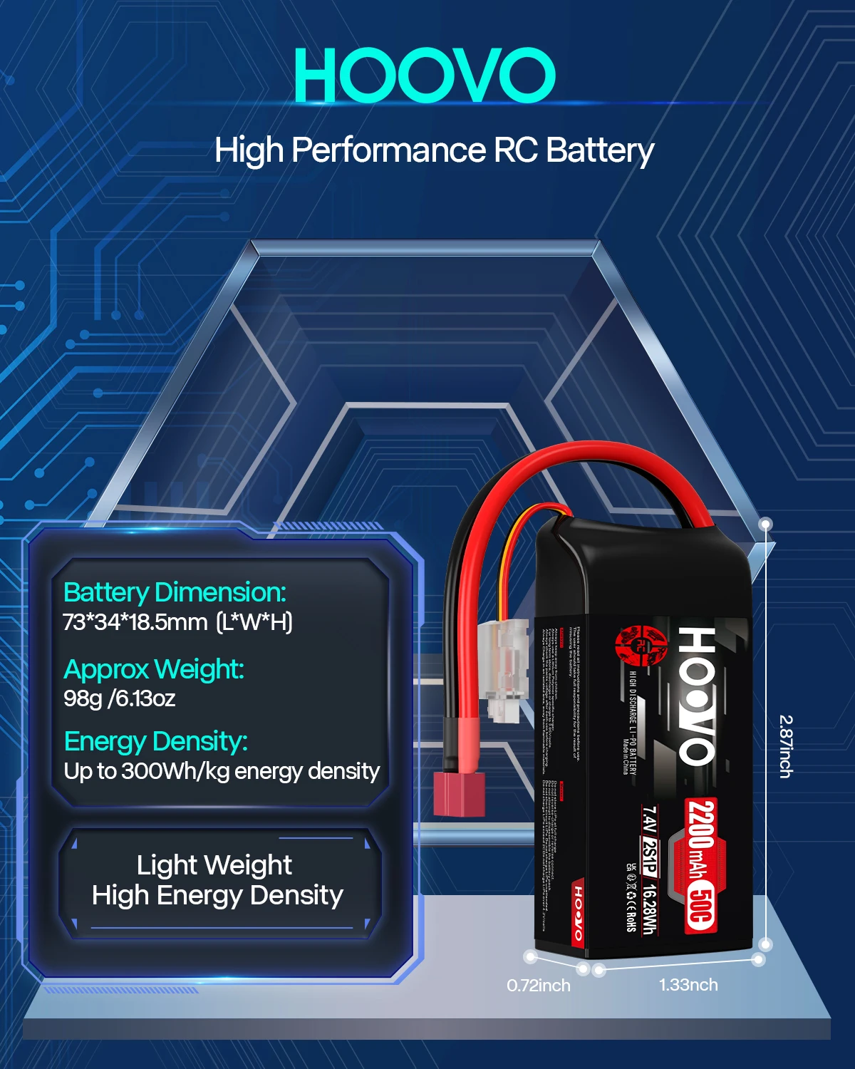 2Pcs HOOVO 2S 7.4 V 2200 mAh 50C RC Lipo Battery T Plug Soft Case Short Pack RC Battery for 1:16 RC Car RC Helicopter Airplane