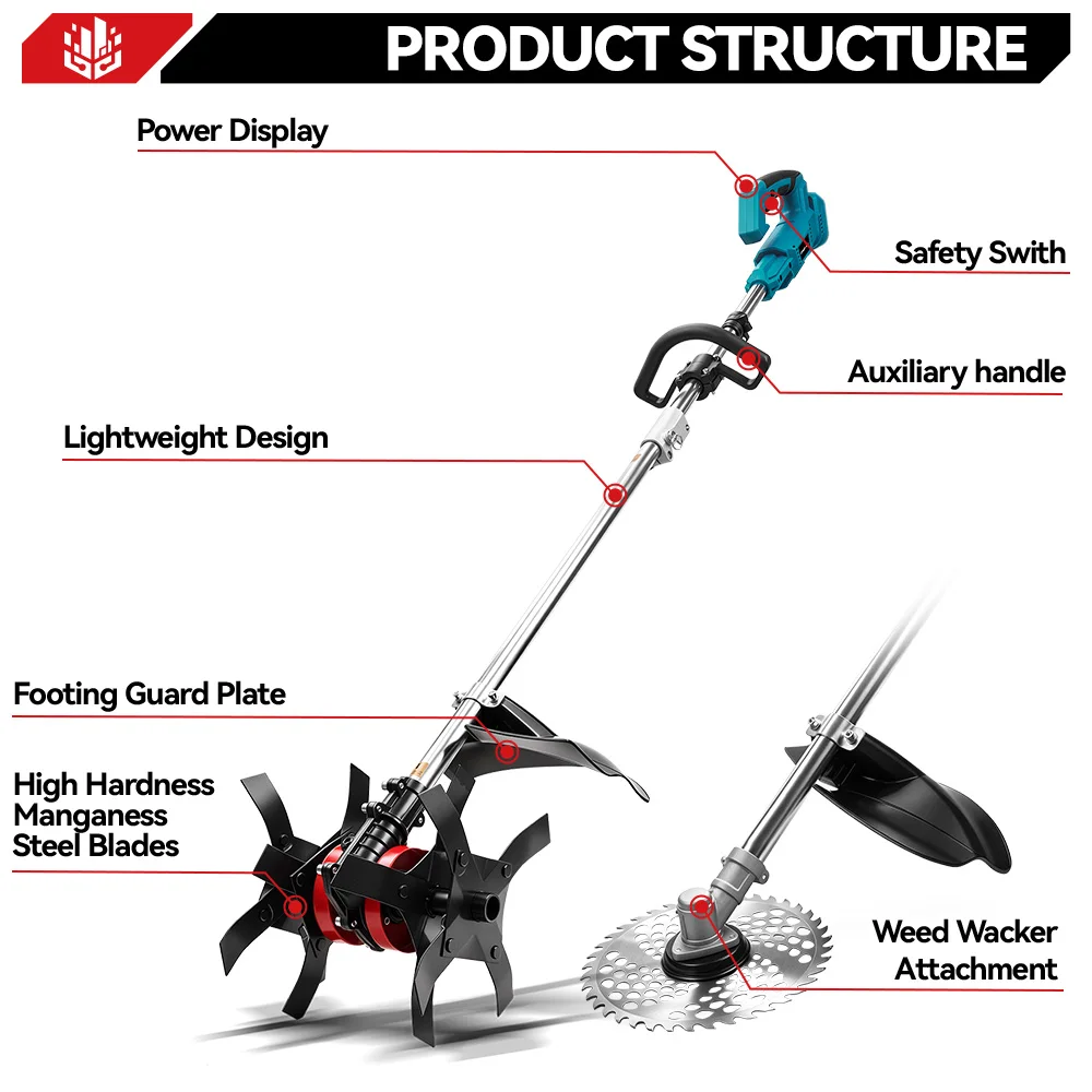 ONEVAN Brushless 2in1 Electric Tiller Cultivator Rototiller Cordless 9inch Lawn Mower Garden Tool For Makita 18V Battery Pin