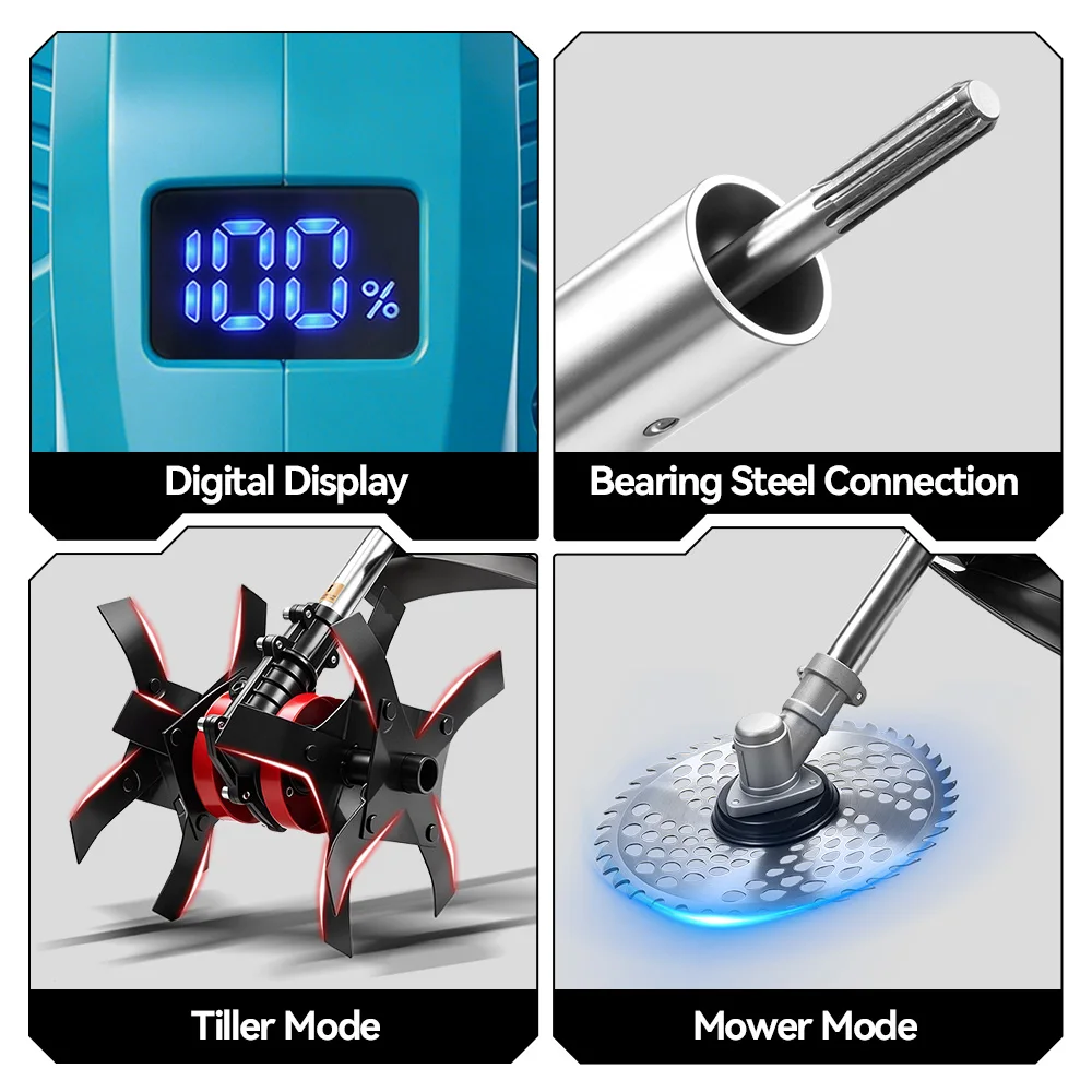 ONEVAN Brushless 2in1 Electric Tiller Cultivator Rototiller Cordless 9inch Lawn Mower Garden Tool For Makita 18V Battery Pin