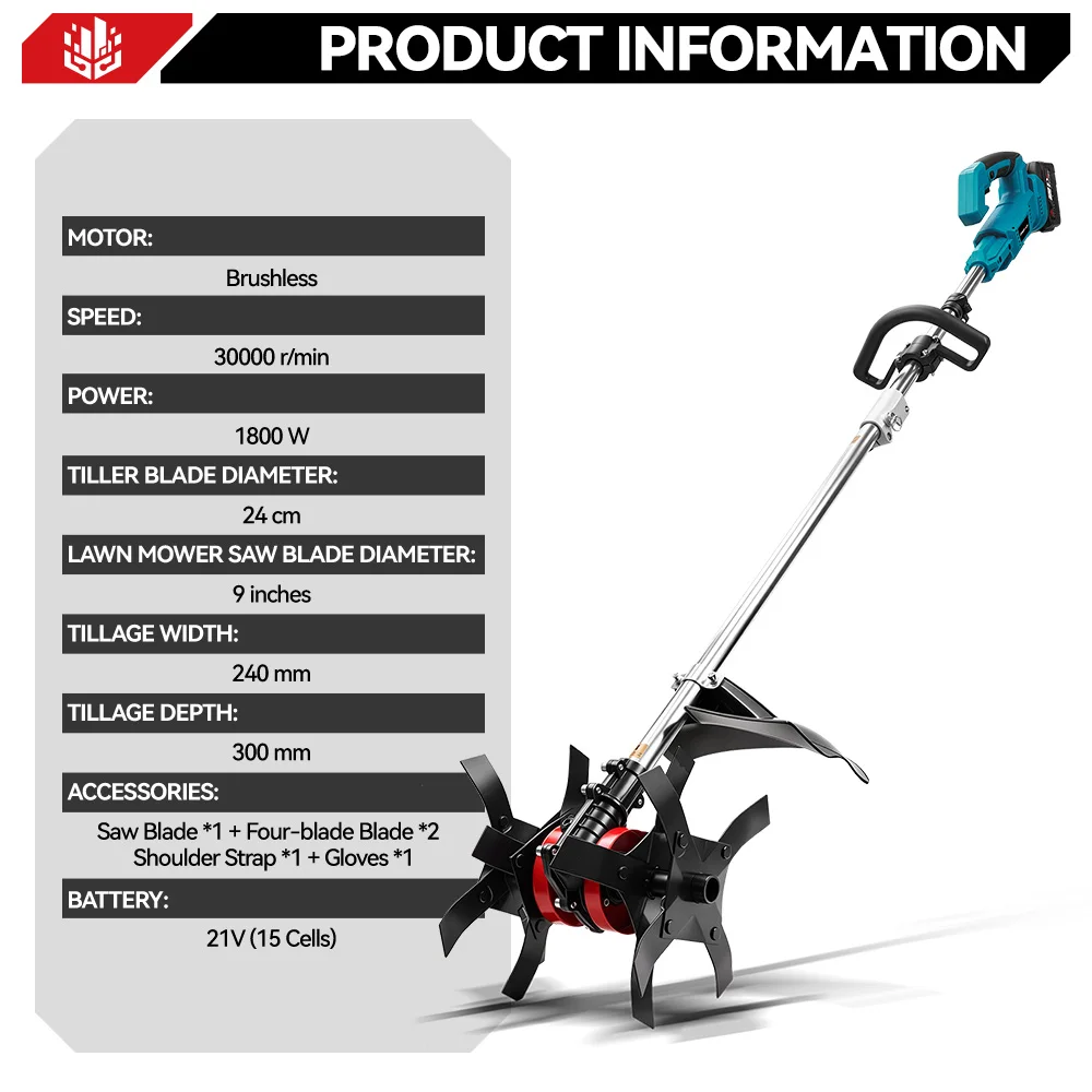 ONEVAN Brushless 2in1 Electric Tiller Cultivator Rototiller Cordless 9inch Lawn Mower Garden Tool For Makita 18V Battery Pin