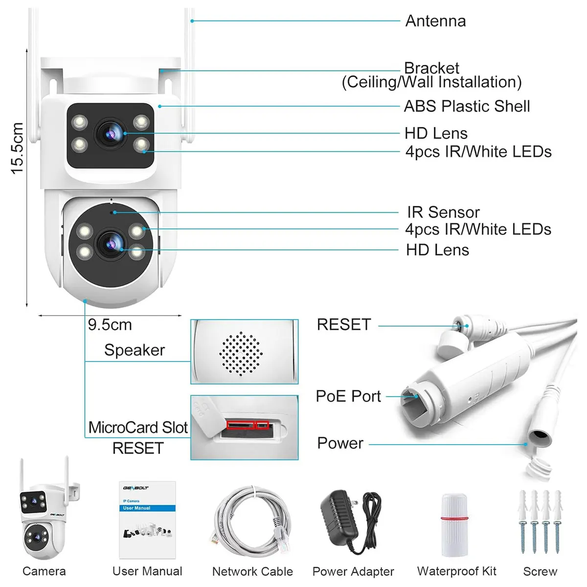 GENBOLT PTZ WiFi Security Camera Outdoor, CCTV Camera with Dual View, Lens Home Surveillance IP Camera with Color Night