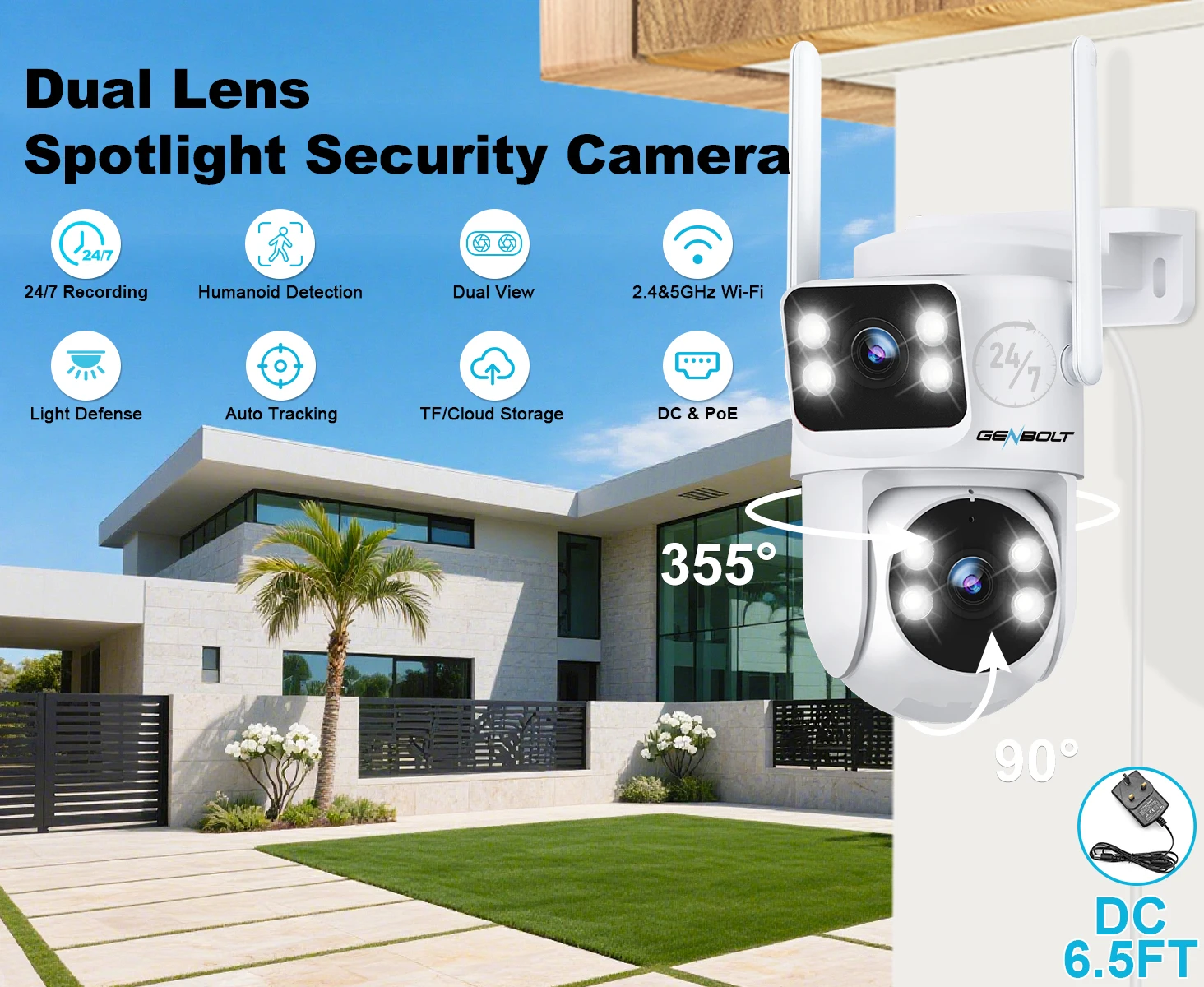 GENBOLT PTZ WiFi Security Camera Outdoor, CCTV Camera with Dual View, Lens Home Surveillance IP Camera with Color Night
