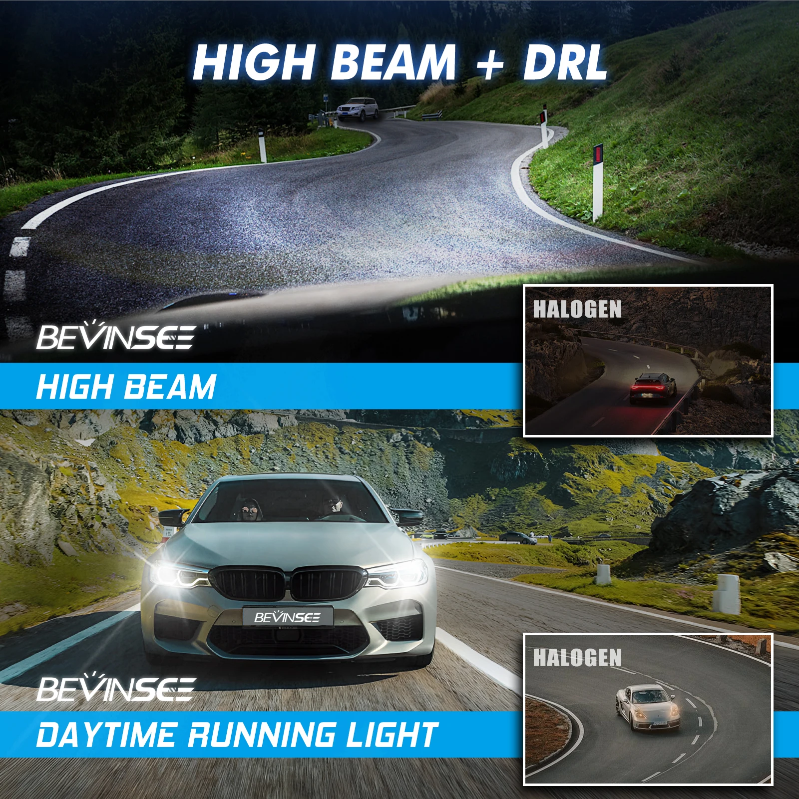 BEVINSEE 110W H15 LED High Beam+DRL CANbus 11000LM LED Headlight Bulbs for VW Golf 7 6 BMW Mercedes Audi A3 A6 6000K White 12V