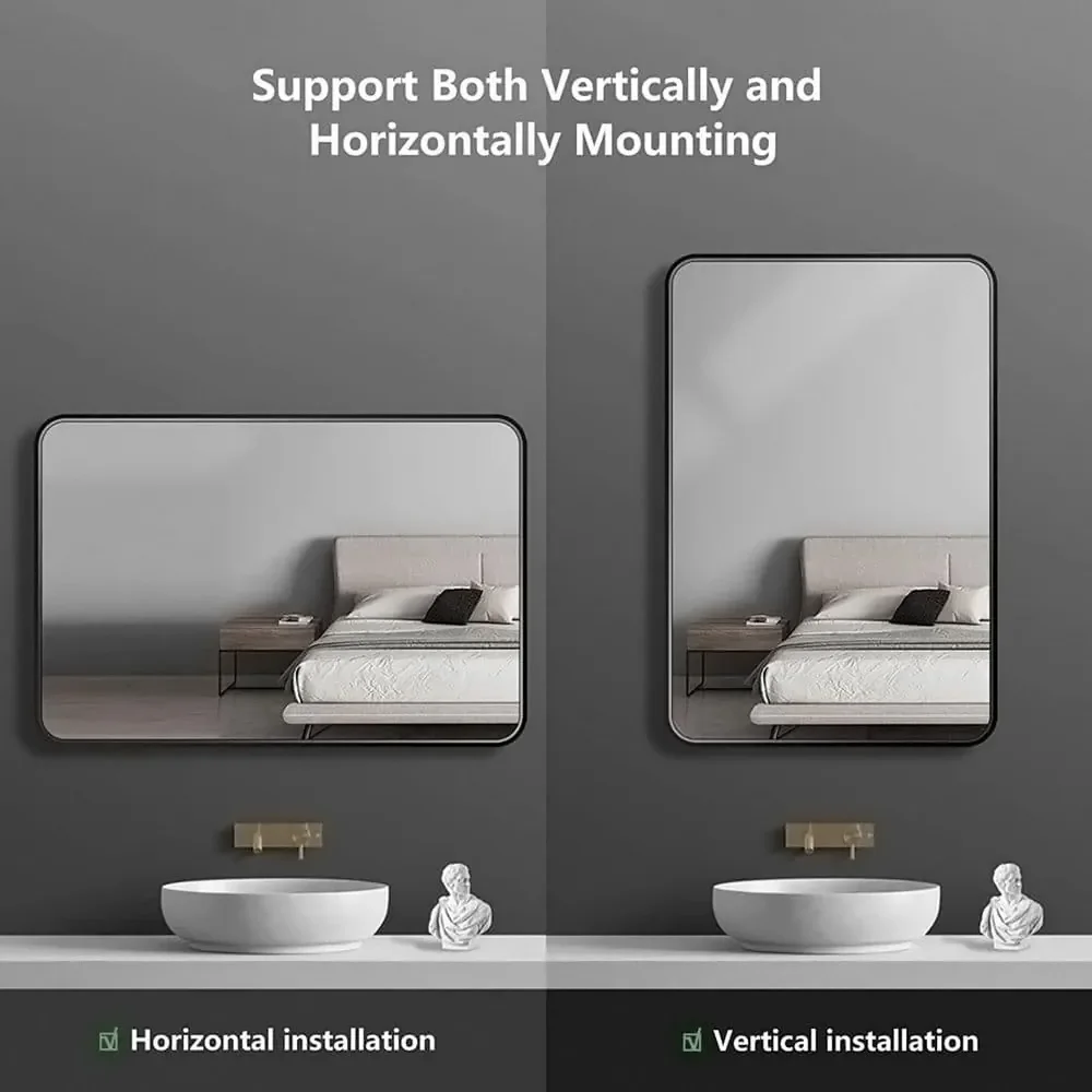 Modern simple rectangular black aluminum frame wall mounted mirror home bathroom decorative mirror
