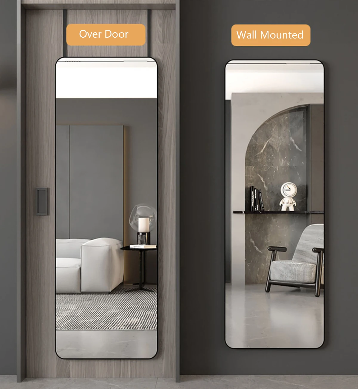 Haodirect Full Length Mirror with Rounded Corners for Hanging on Doors, Wall-mounted Dressing Mirror for Bedroom and Living Room