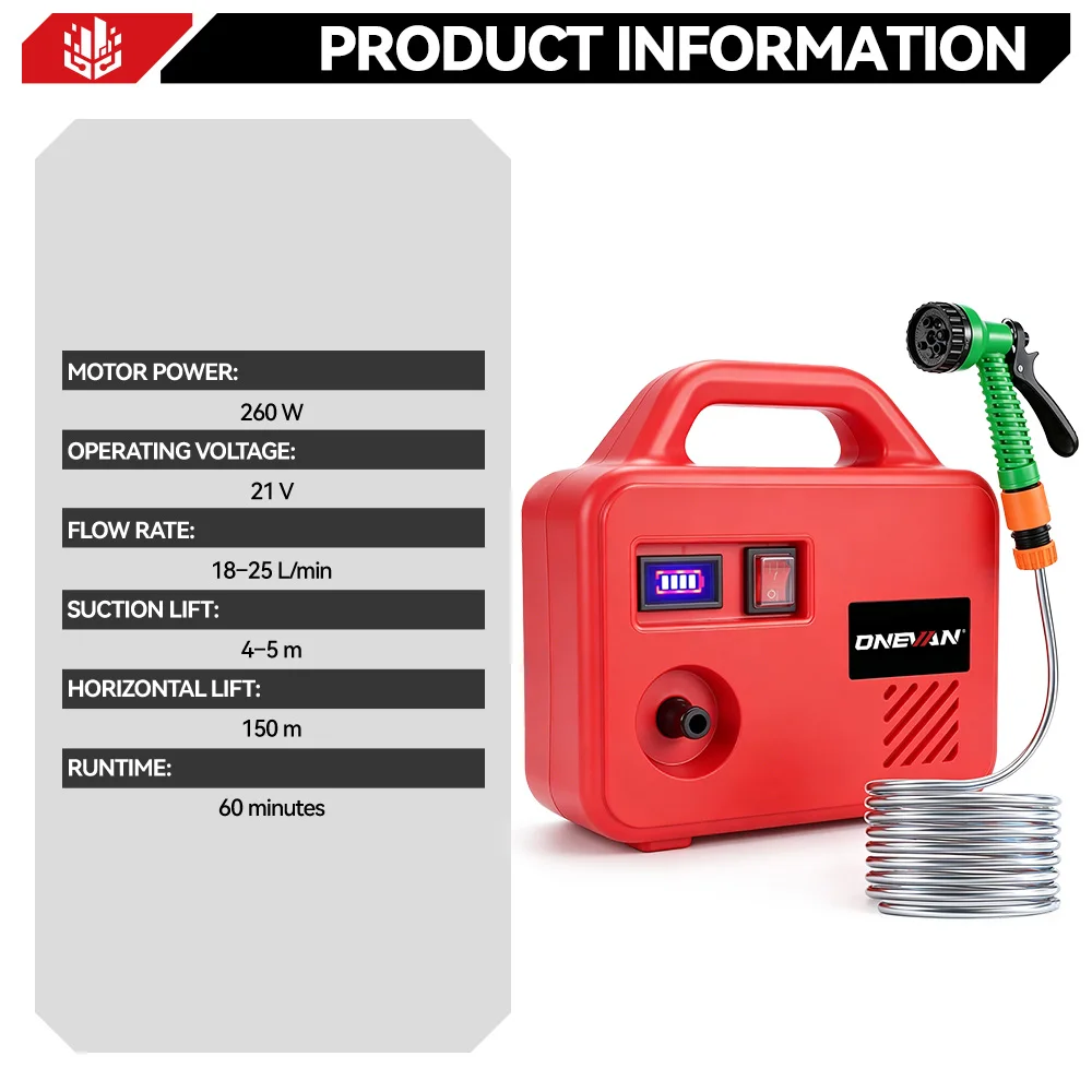 ONEVAN 260W Electric Water Pump 150M Cordless Watering Machine Rechargeable Garden Watering Tools For Makita 18V Battery Pin