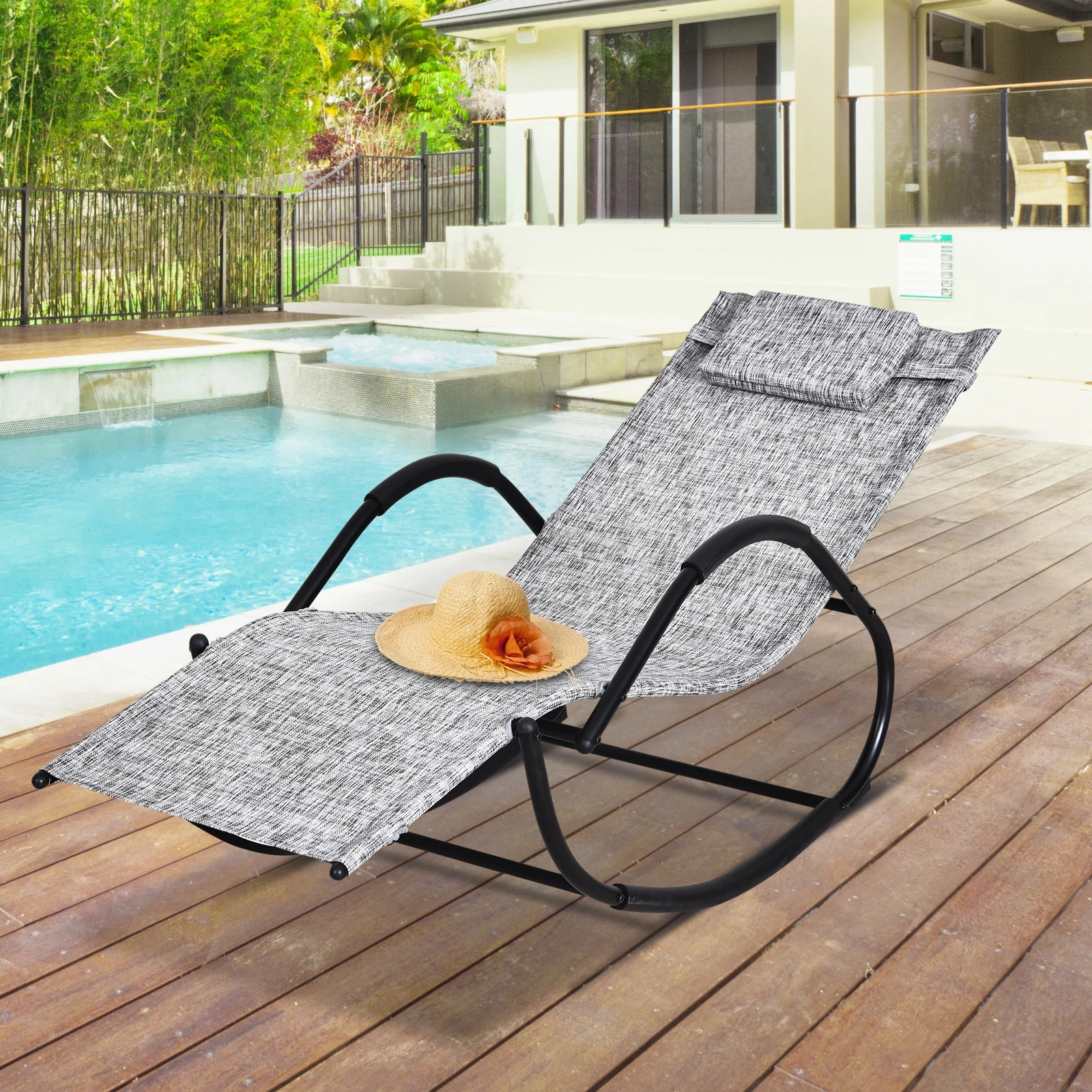 Outsunny Patio Texteline Rocking Lounge Chair, Zero Gravity Recliner Seat with Padded Pillow, Grey