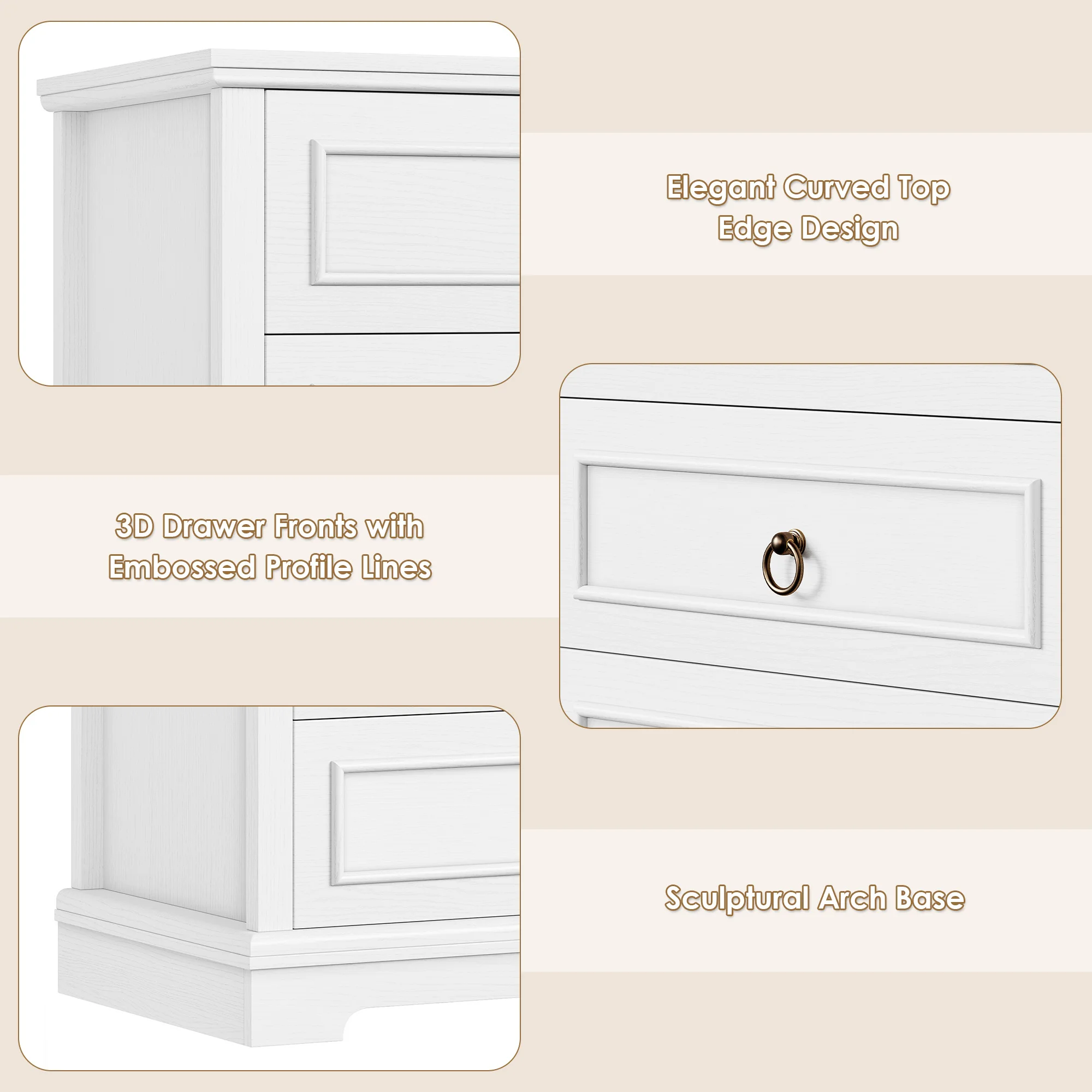 White dresser with 6 Drawers (131 cm high), wood grain wardrobe with bronze ring handles for bedroom