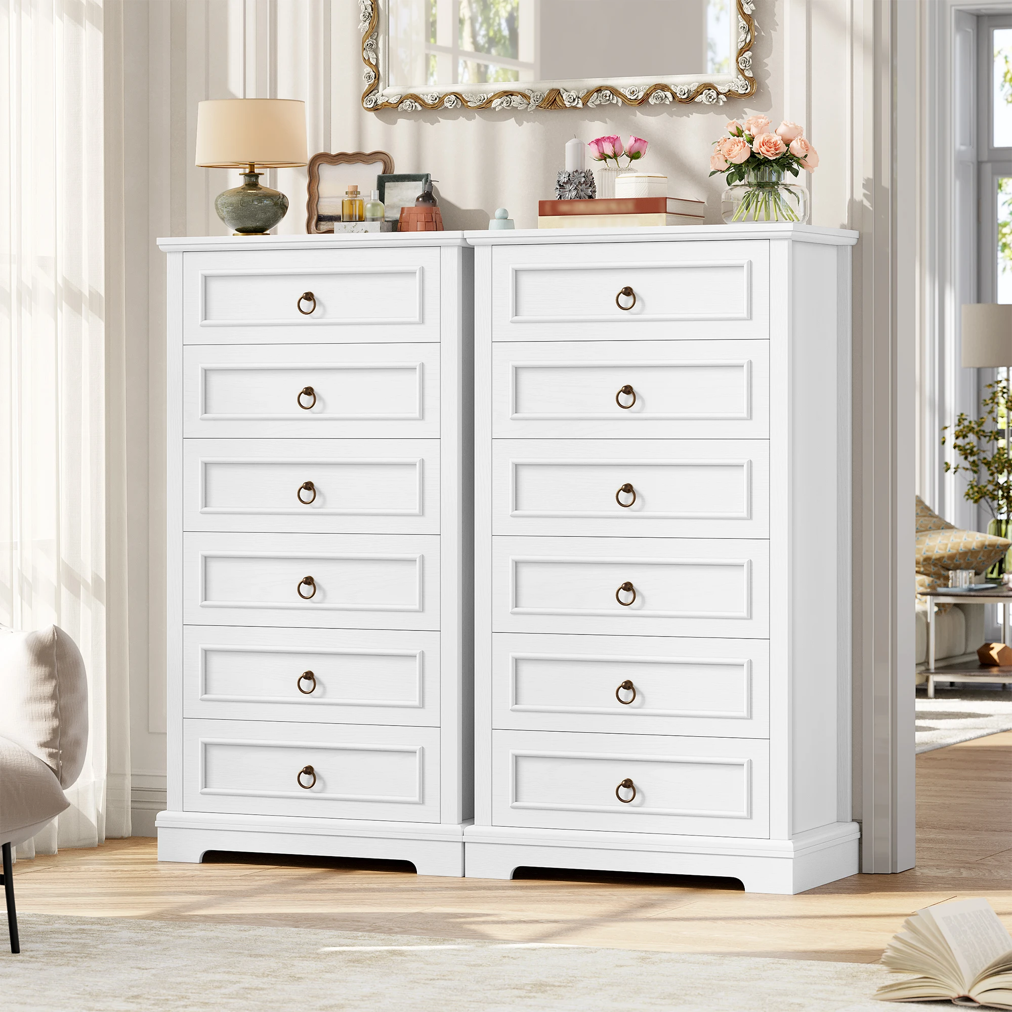 White dresser with 6 Drawers (131 cm high), wood grain wardrobe with bronze ring handles for bedroom