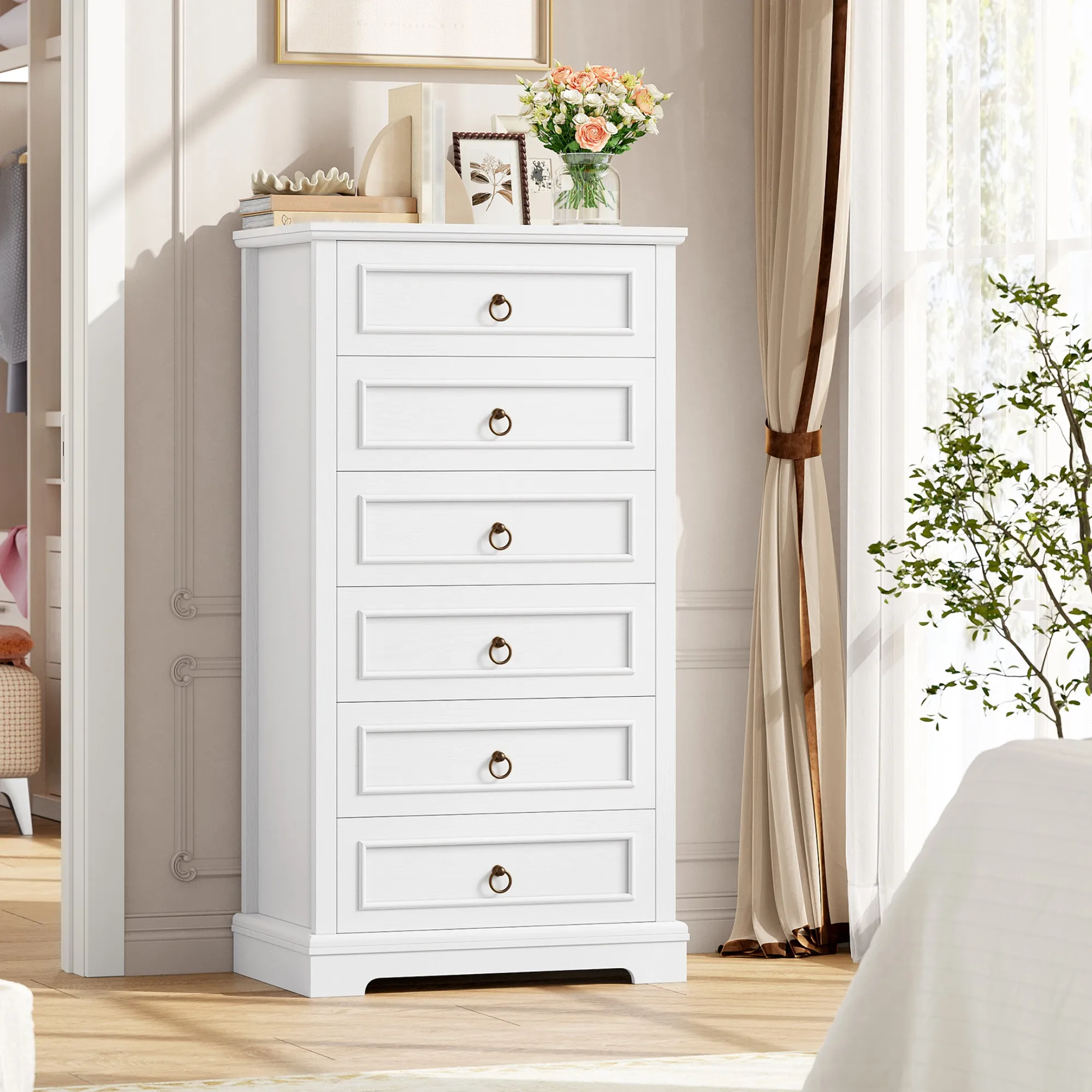 White dresser with 6 Drawers (131 cm high), wood grain wardrobe with bronze ring handles for bedroom