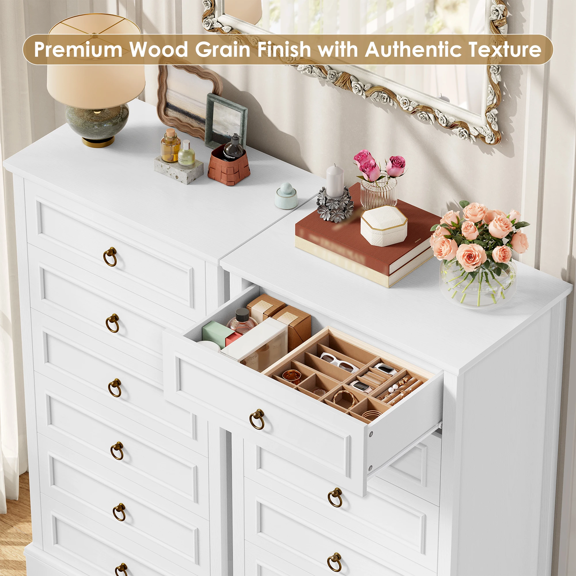 White dresser with 6 Drawers (131 cm high), wood grain wardrobe with bronze ring handles for bedroom