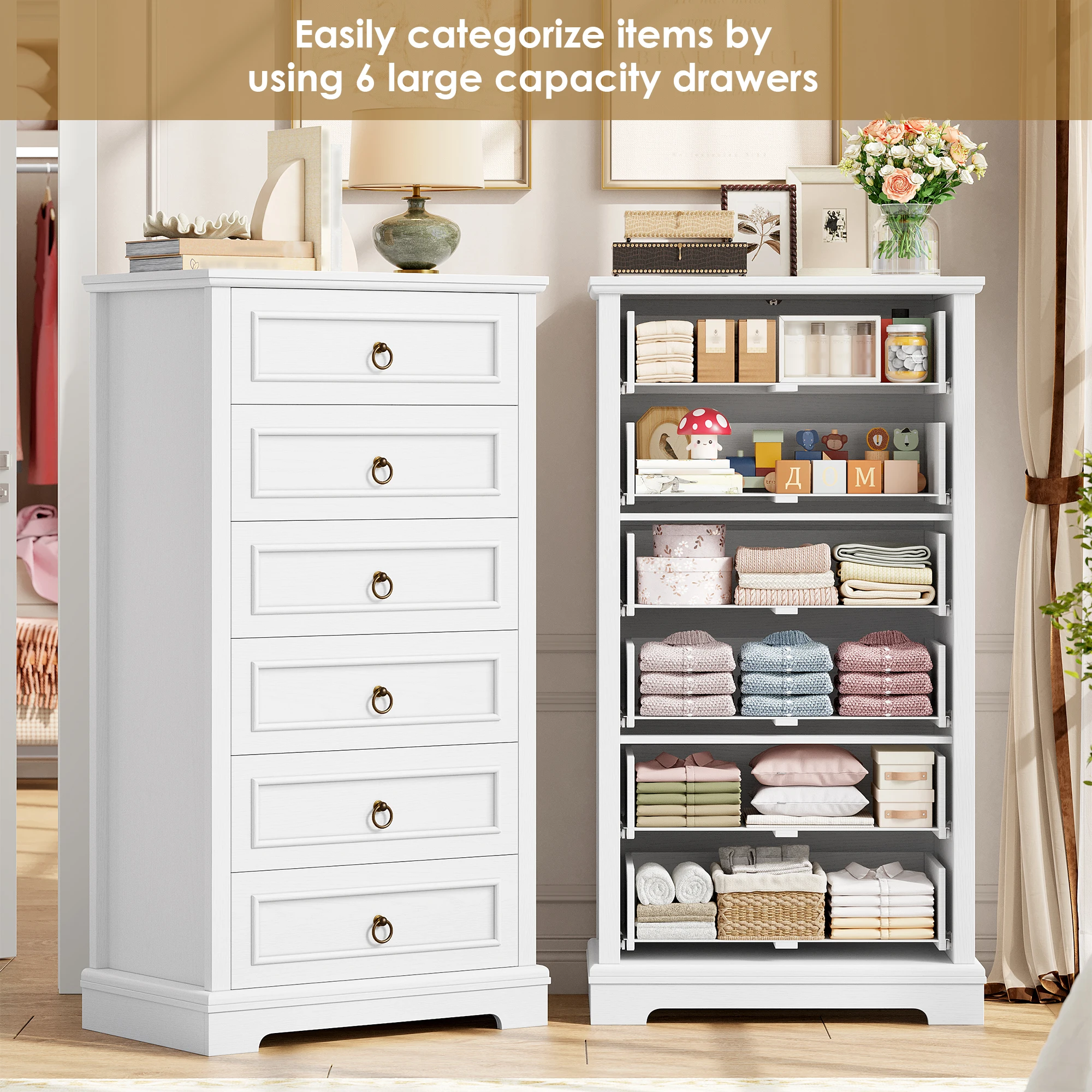 White dresser with 6 Drawers (131 cm high), wood grain wardrobe with bronze ring handles for bedroom