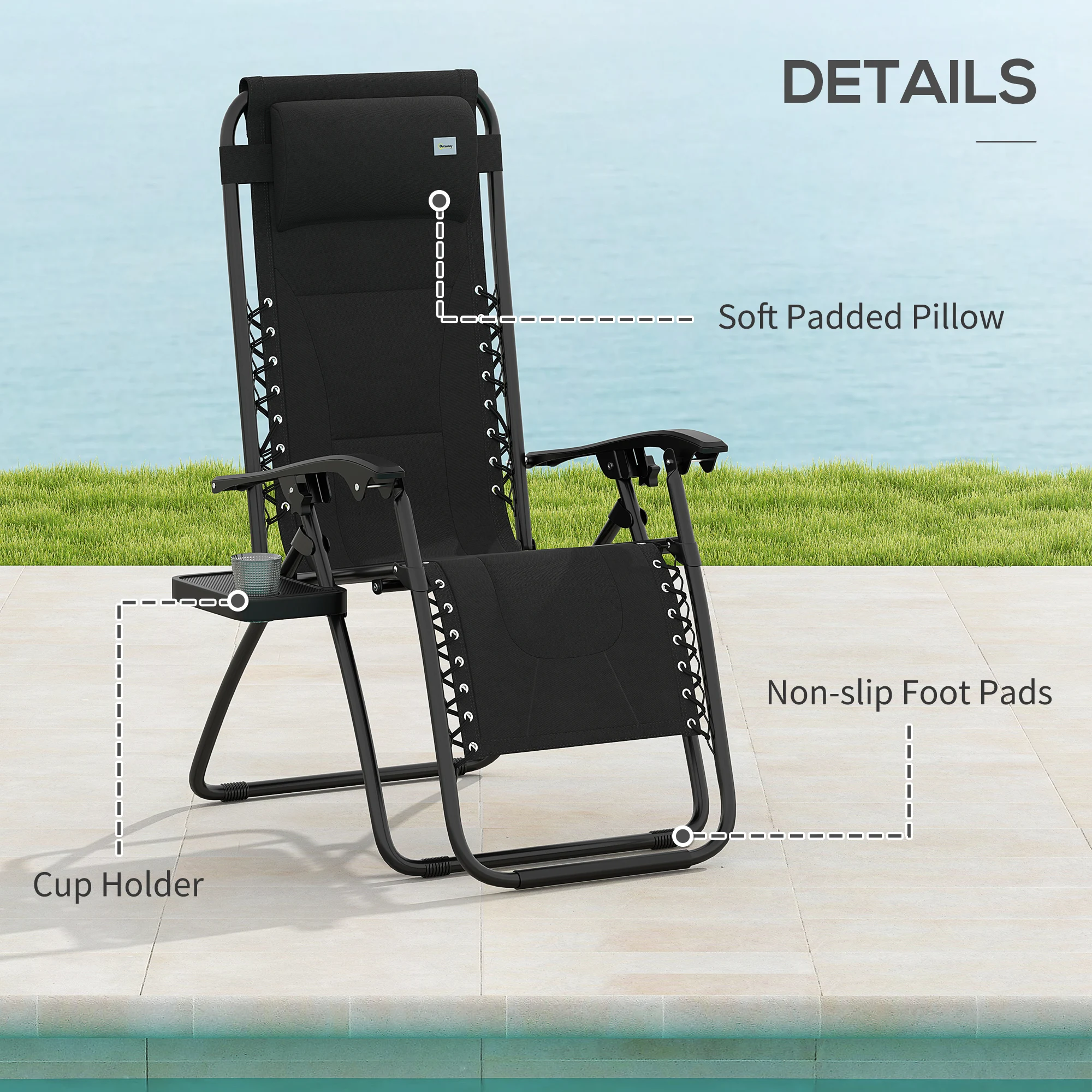 Outsunny Zero Gravity Lounger Chair, Folding Reclining Patio Chair with Padded Seat, Cup Holder, Soft Cushion