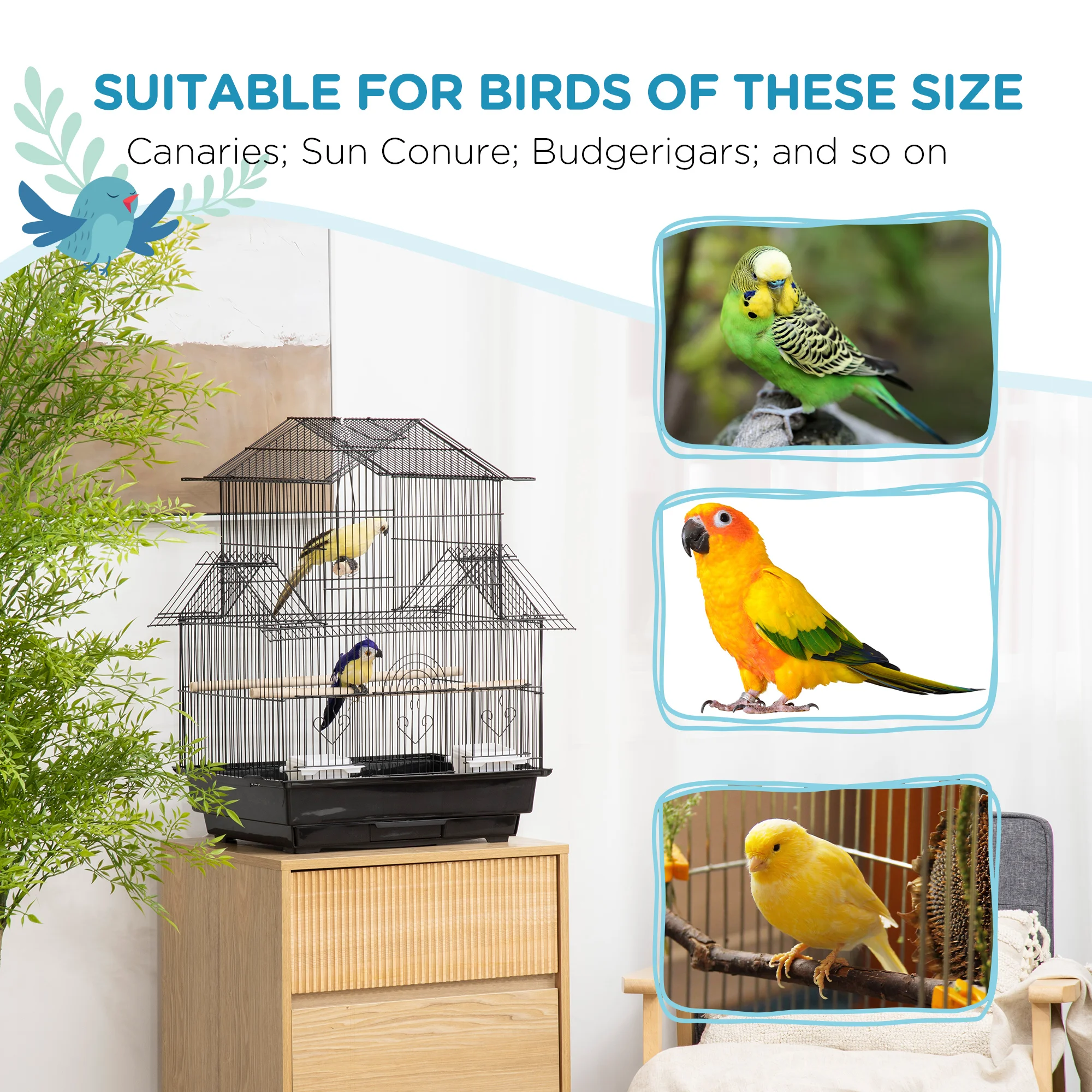 PawHut Metal Bird Cage Small w/ Perch Food Container Handle for Finch Canary