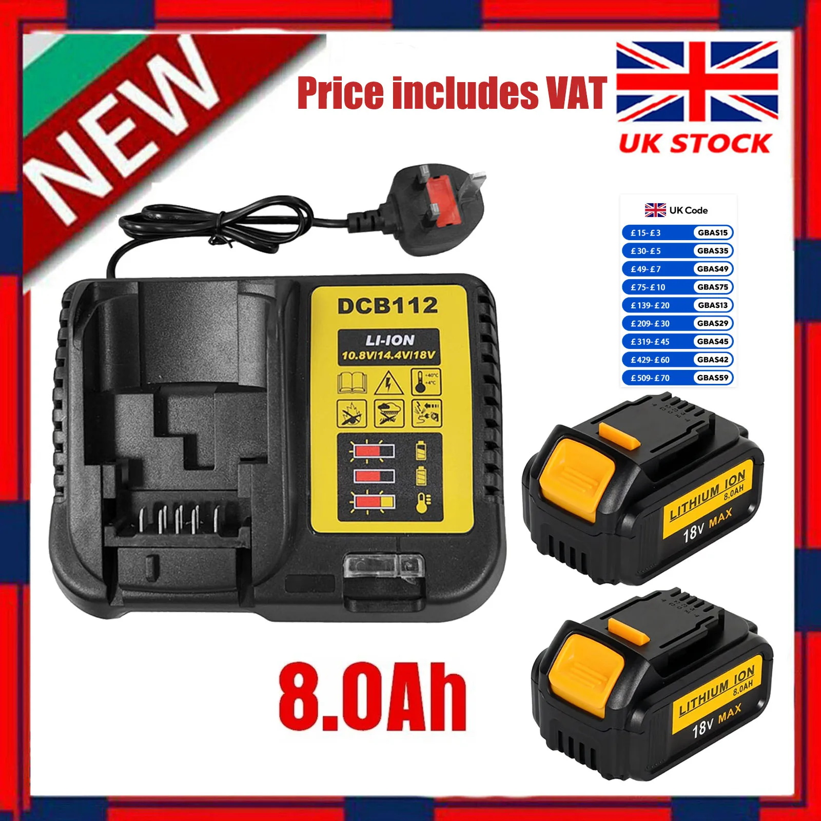 2x8.0Ah Charger Replacement For Dewalt 18V Battery Li-Ion DCB184 DCB184-XJ DCB182 Lithim XR
